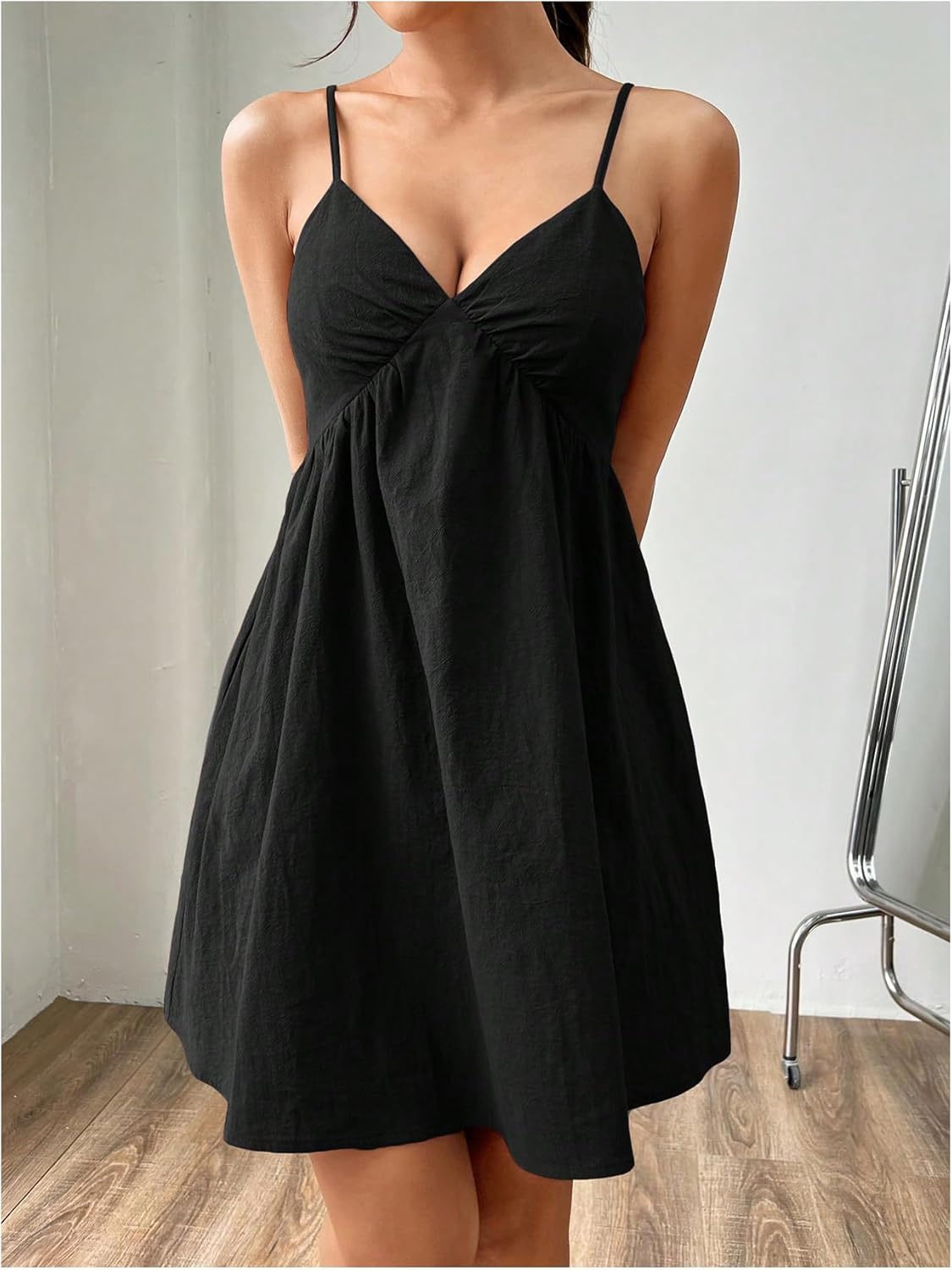 SHENHE Women's V Neck Spaghetti Strap Mini Dress Summer Empire Waist Flared Babydoll Dress - Image 4