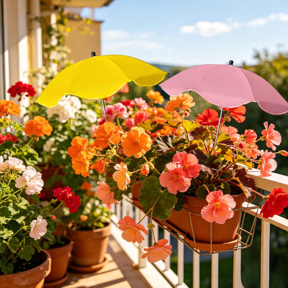2 Stück Pflanzenschirm, Mini Sonnenschirm für Pflanzen, Sonnenschutz für Pflanzen Ø 60 cm, Verstellbare Pflanzenschirme für Draußen, Pflanzenschutz für Topfpflanzen, Blumen, Gemüse (Gelb+Rosa)
