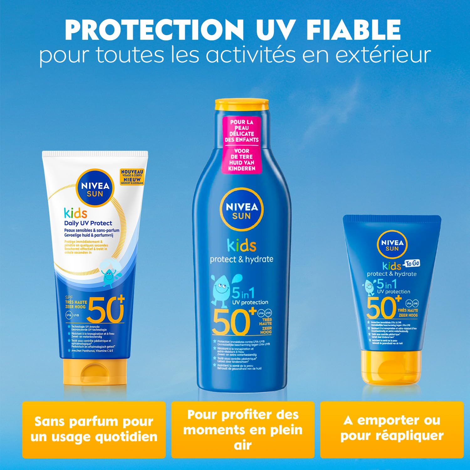 NIVEA SUN Crème Solaire Quotidienne Kids FPS50+ Protection Solaire Enfant Visage et Corps avec Panthénol Vitamines E et C Absorption Rapide Résistante à l'Eau Peaux Sensibles 100 ml