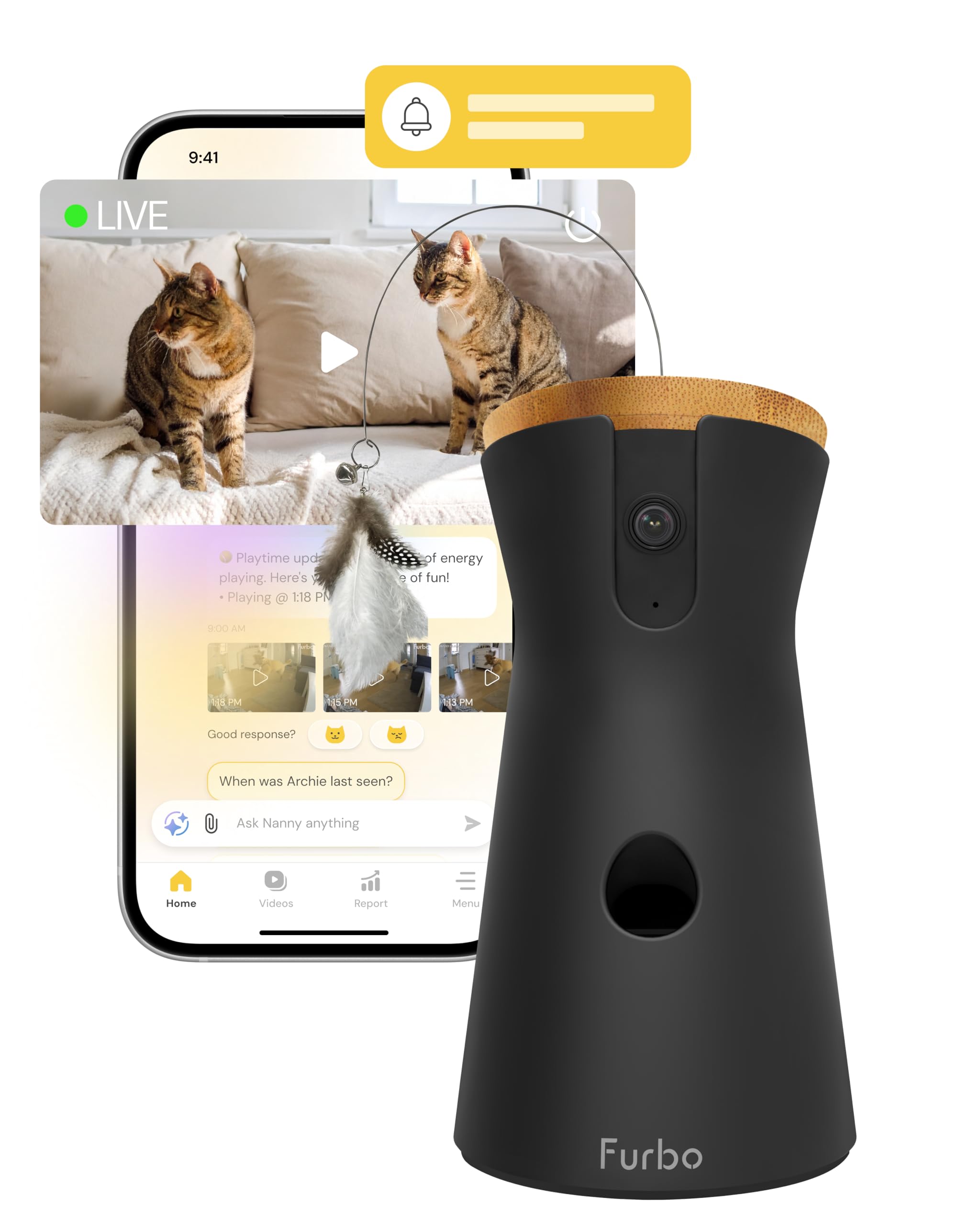 Furbo 360° Cat Camera - Unlock Camera & Smart Features w/Paid Plan: Home Security & Pet Safety Alerts, Rotating Treat Dispenser w/Speaker, Smart Cam w/Phone App (Subscription Required, 3mo Minimum)