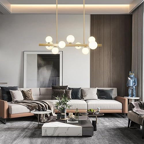 Miniatura 8 de BOKT Lámpara rectangular dorada moderna de mediados de siglo, 9 luces, globo lineal, lámpara colgante de techo, lámpara redonda de vidrio blanco