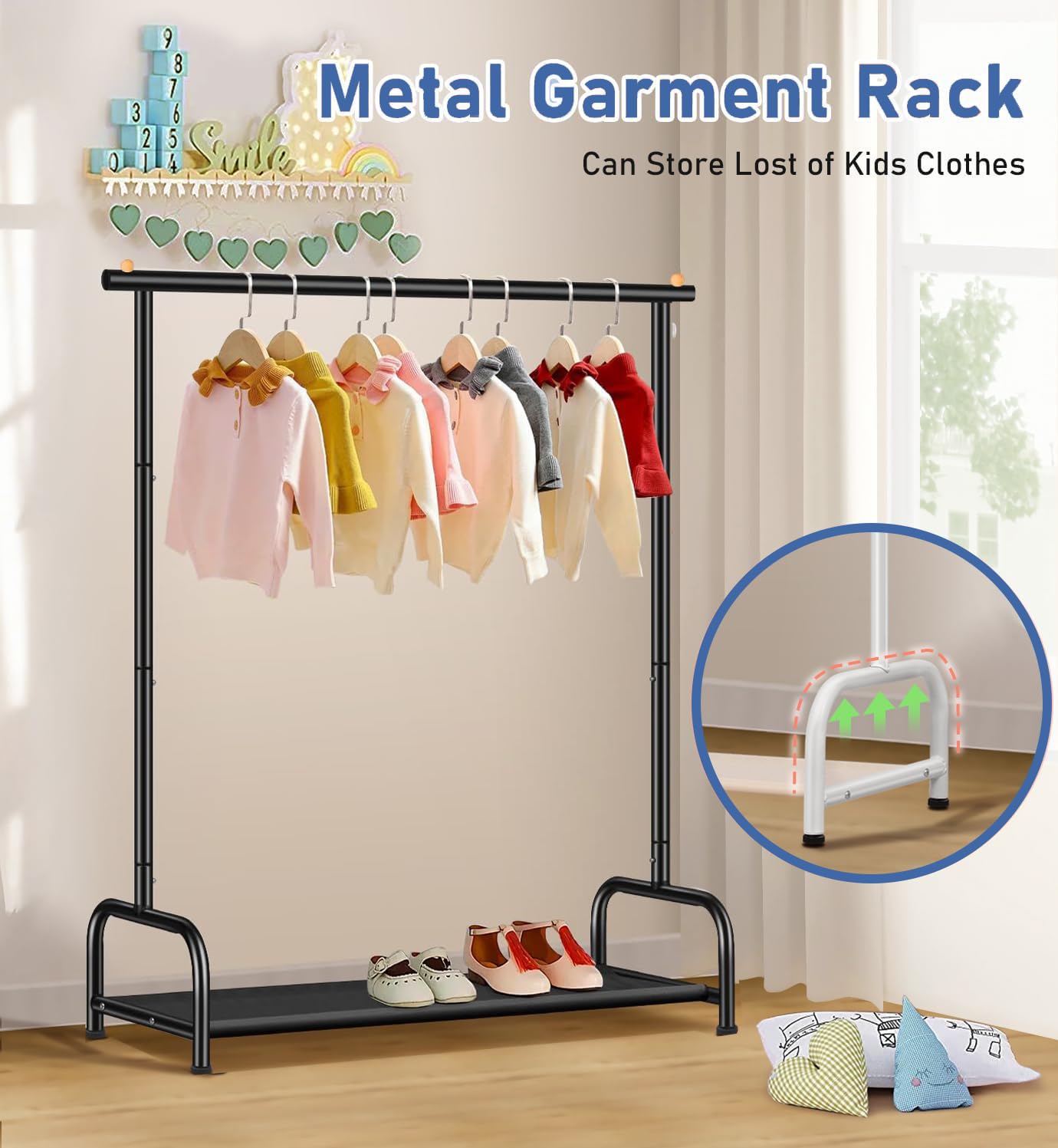 MISSLO Metal Kids Clothes Rails for Girls Boys & Toddlers, Small Baby Clothes Rail with Bottom Storage Shelf - Image 3