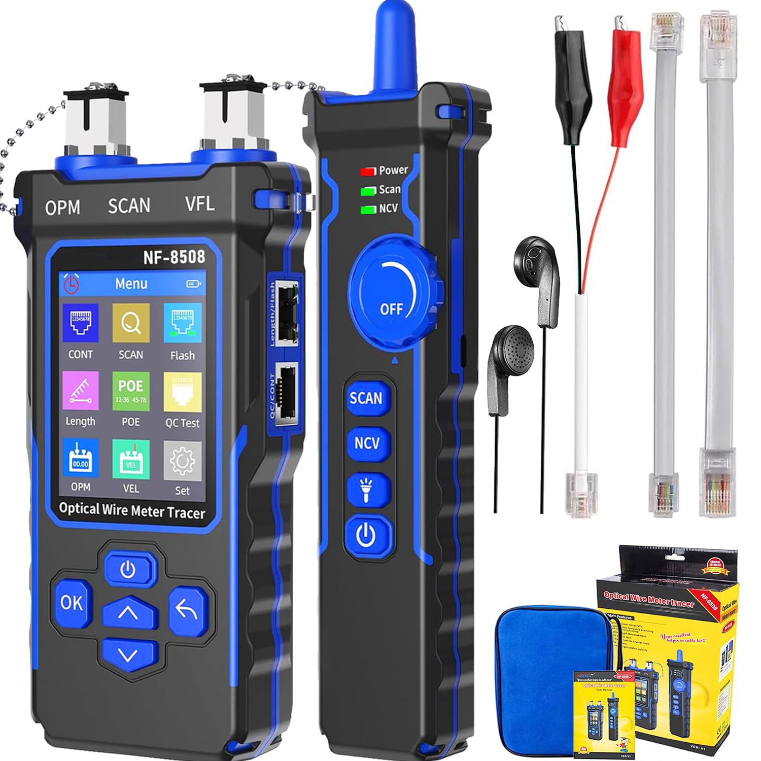 NF-8508 Network Cable Tester with Optical Power Meter VFL/PoE Test Wire Tracker for RJ11 RJ45 Cat5 Cat6 Cable Toner LAN Ethernet Tracer, Port Flashing Telephone Line CAT3 Continuity Test with NCV