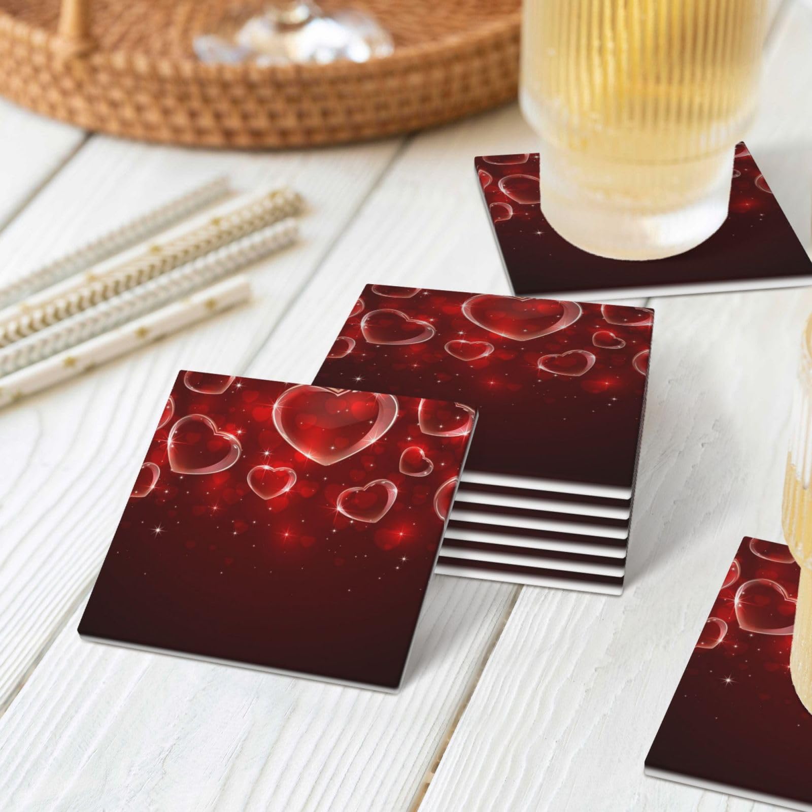 Lot de 6 dessous de verre absorbants en céramique avec base en liège Motif cœur rouge