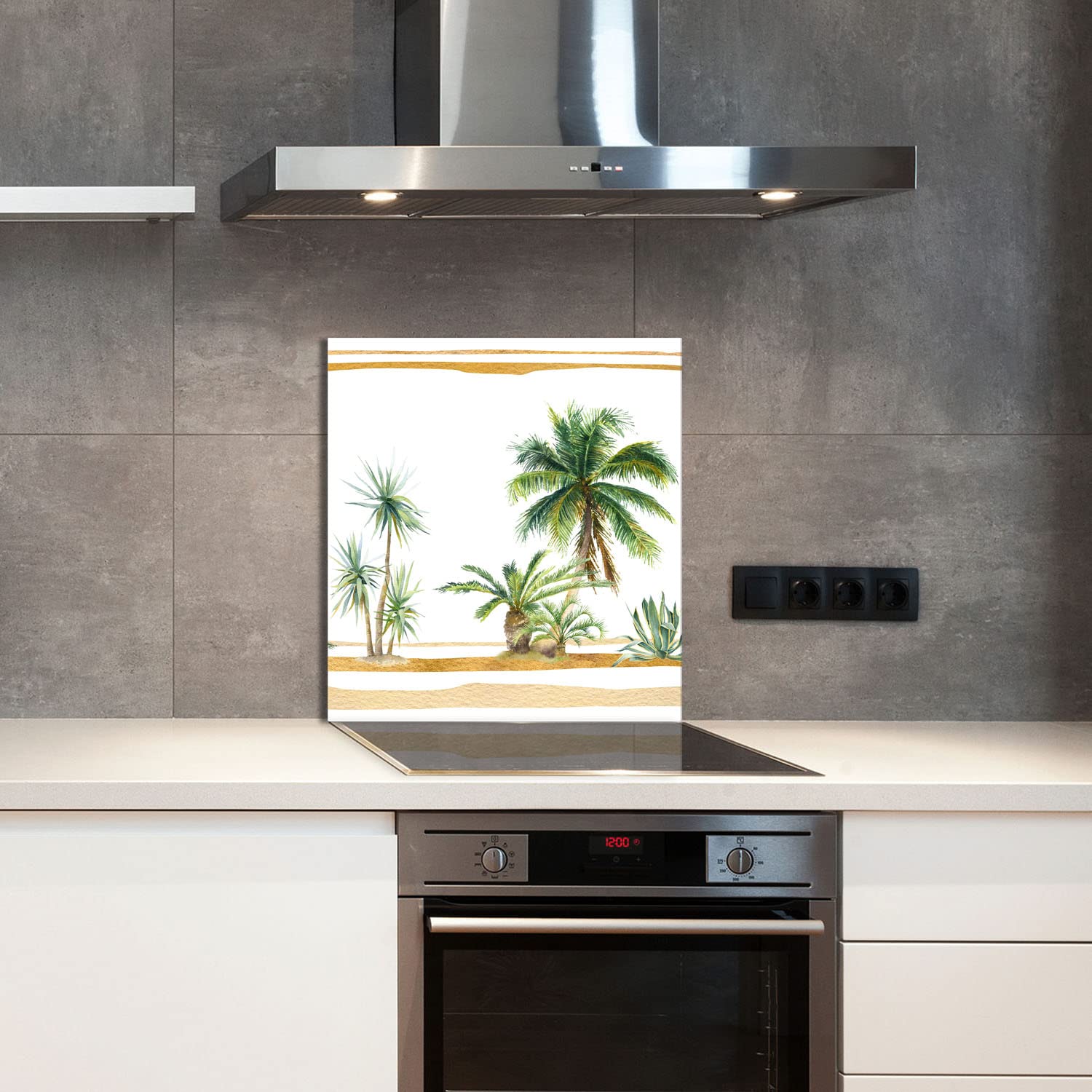 Szklany panel ochronny do kuchni Lacobel, szklana płyta ochronna na kuchenkę, 60x65 cm, szklana deska do krojenia, ochrona przed rozpryskiwaniem, uniwersalna, PALMY
