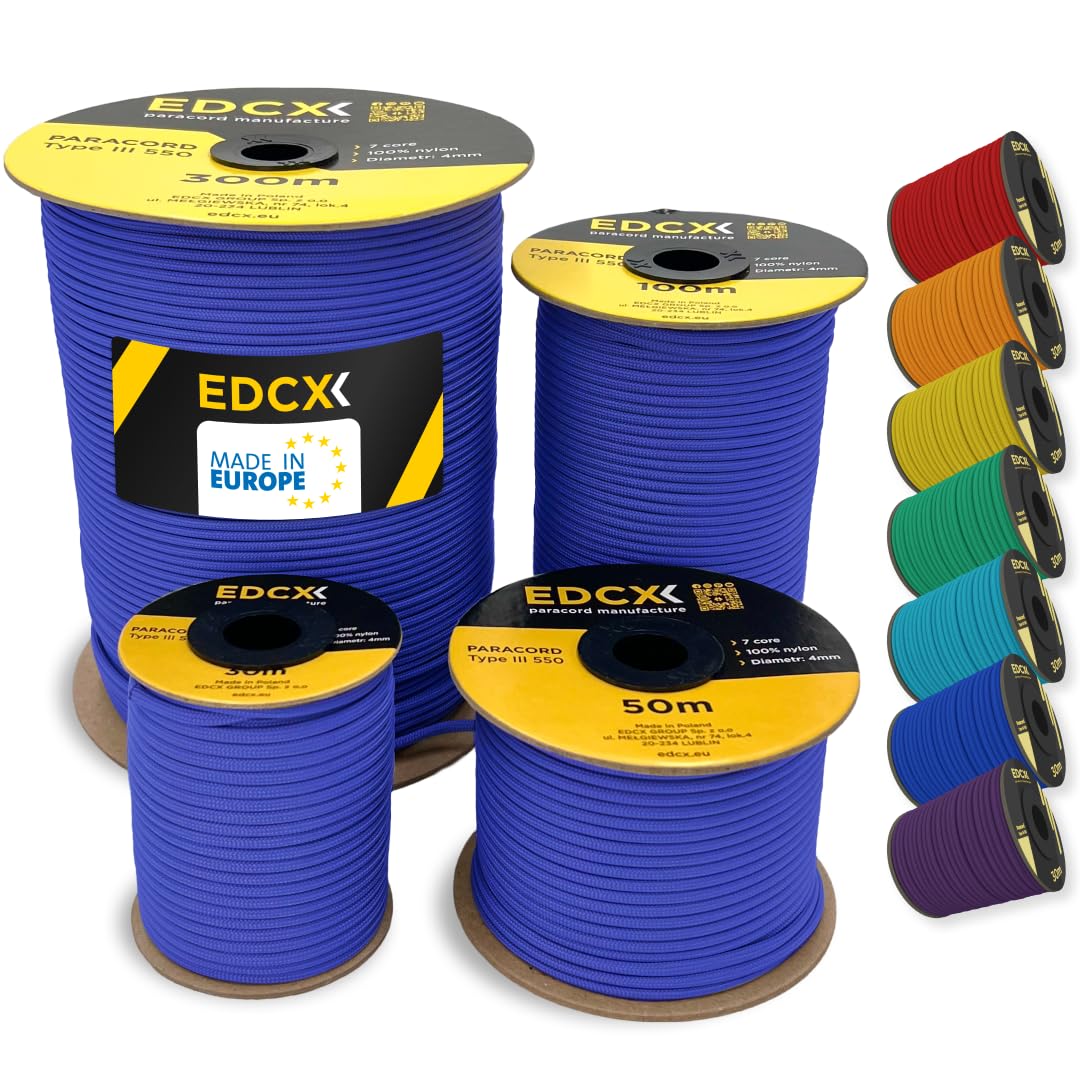 EDCX 4mm Nylon Paracord 550 15m (50 feet) | Ideal for Camping, Survival, Outdoor, Crafting, DIY | 100% Nylon Rope 4mm | Paracord 550 Type III in Solid Color (Royal Blue, 15 m)