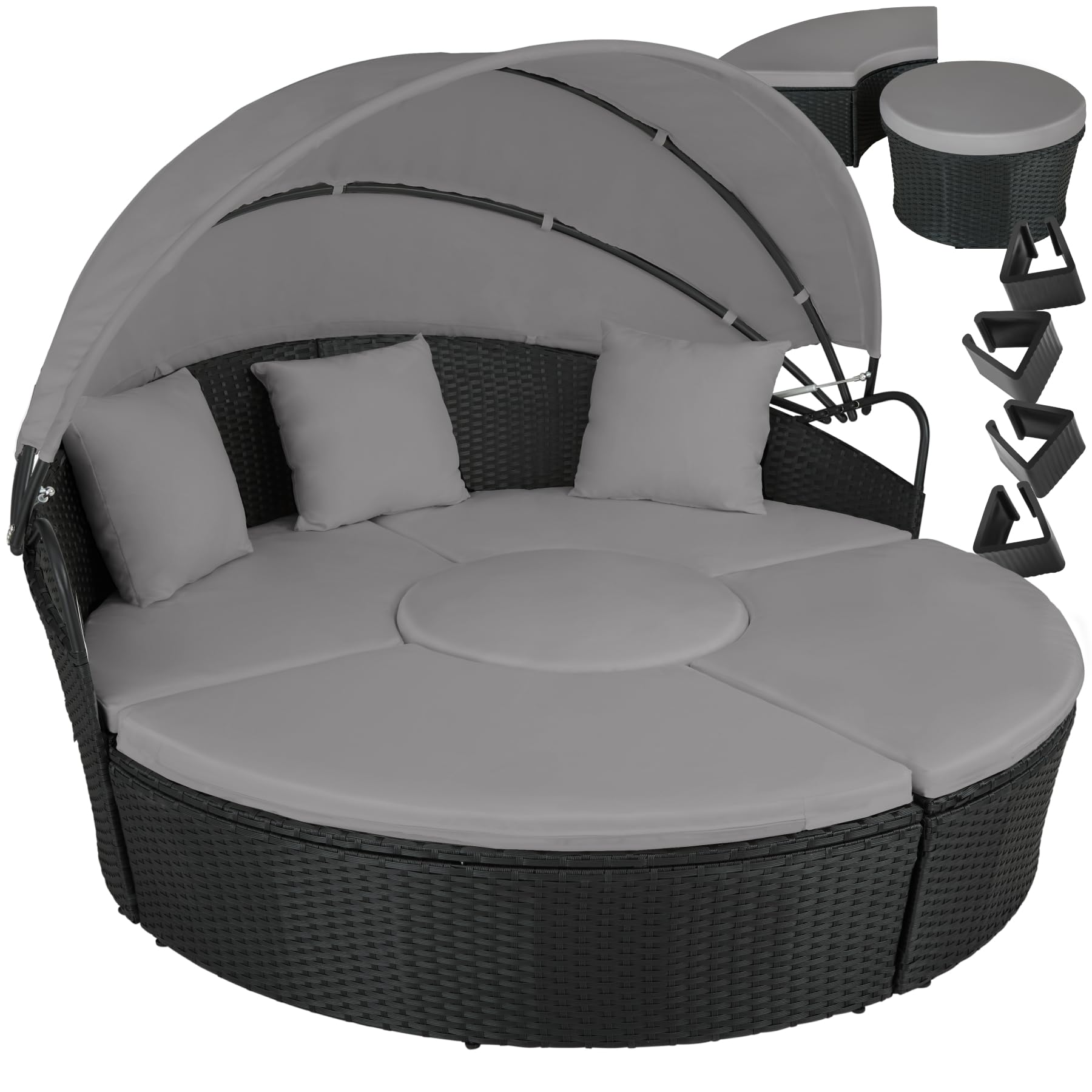 tectake® Isla de Ratán con Cojines, Conjunto Jardín con Toldo Corredizo Plegable, Muebles Jardín Exterior con Estructura en Acero y Resistente a la Intemperie, Conjunto Terraza Combinable - negro/gris