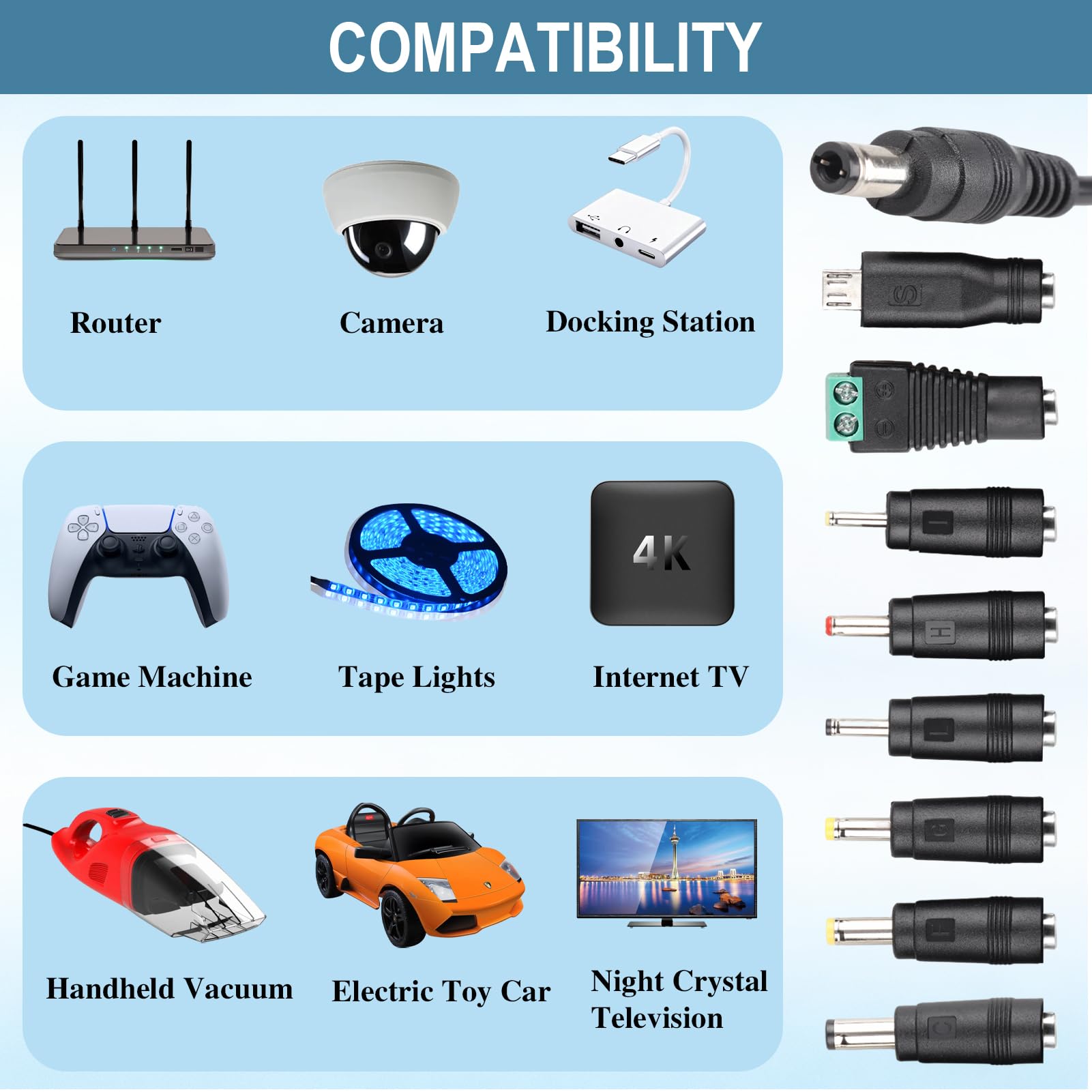 Alimentador 12V 1A, Adaptador de Fuente de Alimentación Universal 12W con 8 Enchufes DC Desmontables, Compatible con Electrónica y Dispositivos como LED, Router, CCTV, Radio, y Más - 1000mA Máx — view 6