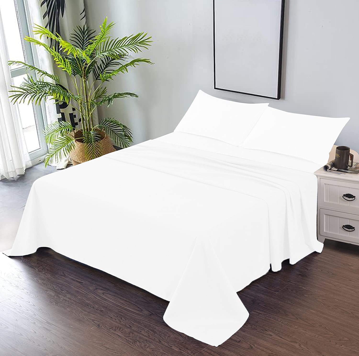 CCWB 100% Cotton Percale Single Flat Sheets with Pillowcases Solid White 400 Thread Count Bedding Items (3 Pc Sets (1 Flat Sheet & 2 Pillowcases)- Single, Swan White)