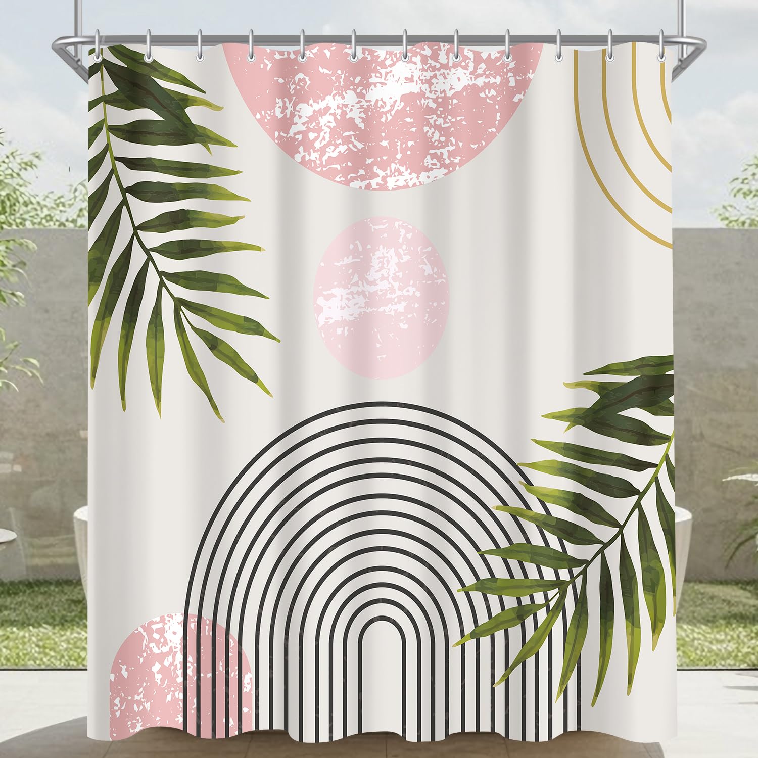 Lerores Shower Curtain, 120 x 200 cm, Pink Leaves Line, Weighted Hem, Anti-Mould, Water-Repellent