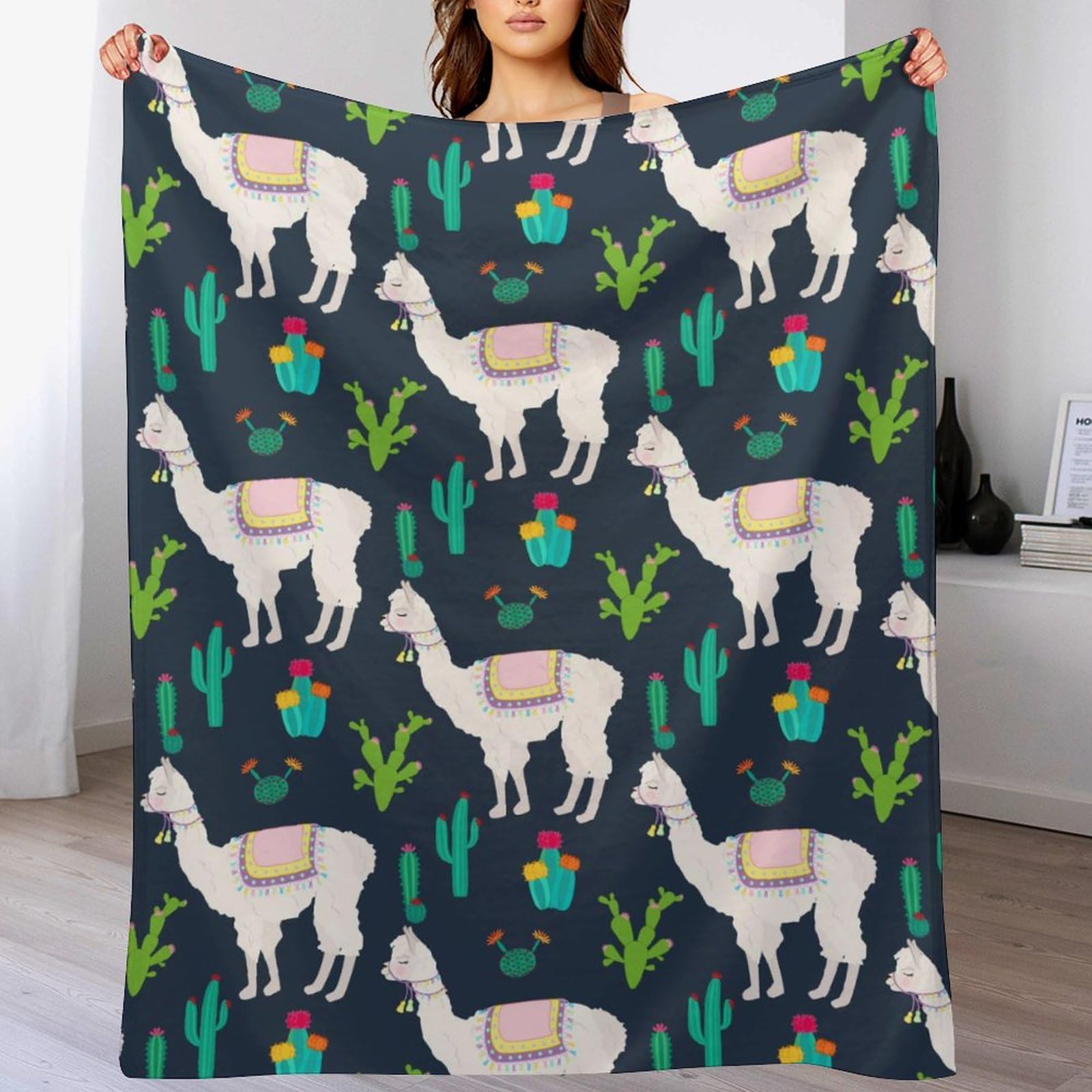 Melbrakin Color427 Llama Alpaca Cactus Soft Flannel Travel Blanket, Living Room Home Sofa Decoration Blanket, Dormitory Office Nap Blanket