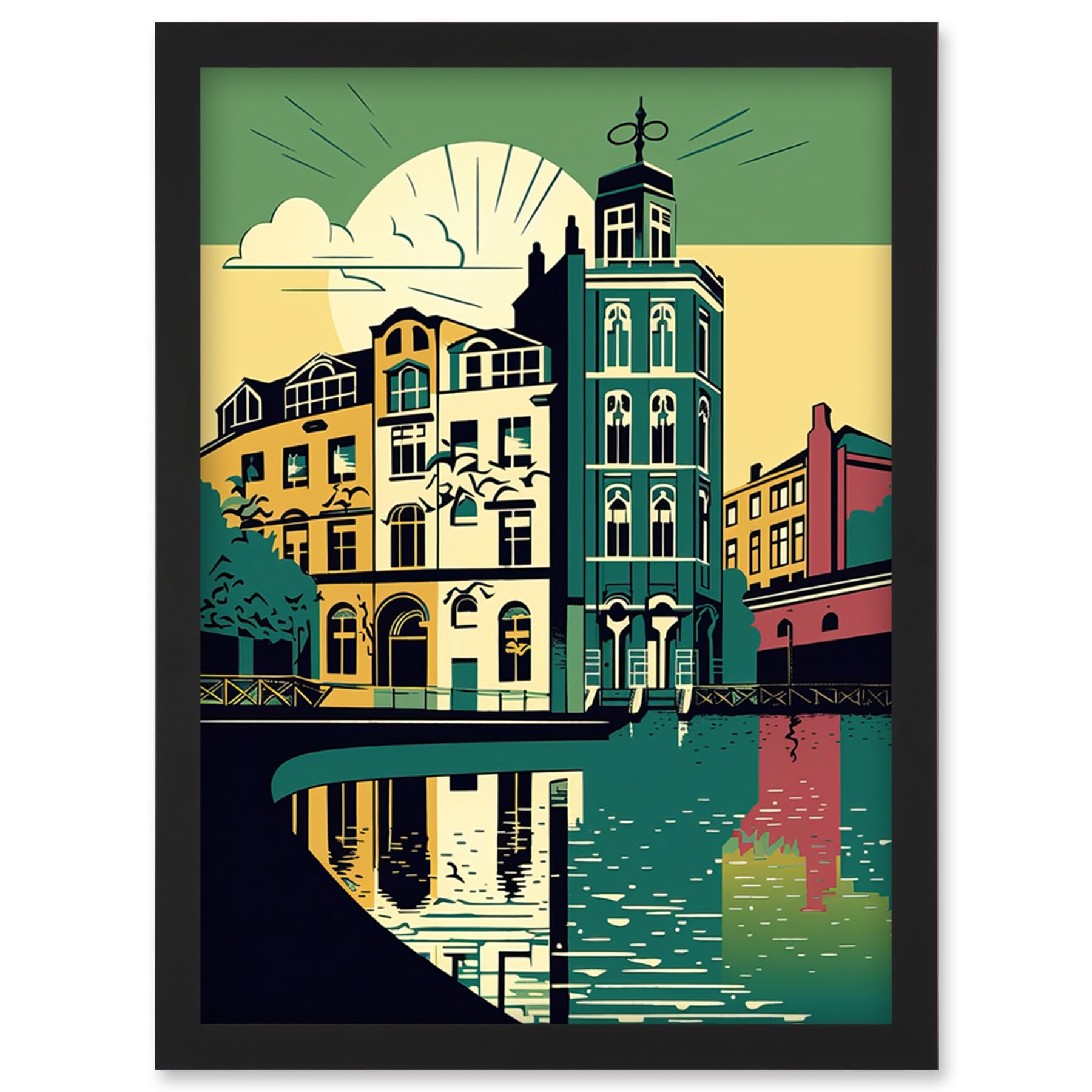 Artery8 Leeds City Architecture Waterfront Illustration Artwork Framed Wall Art Print A4