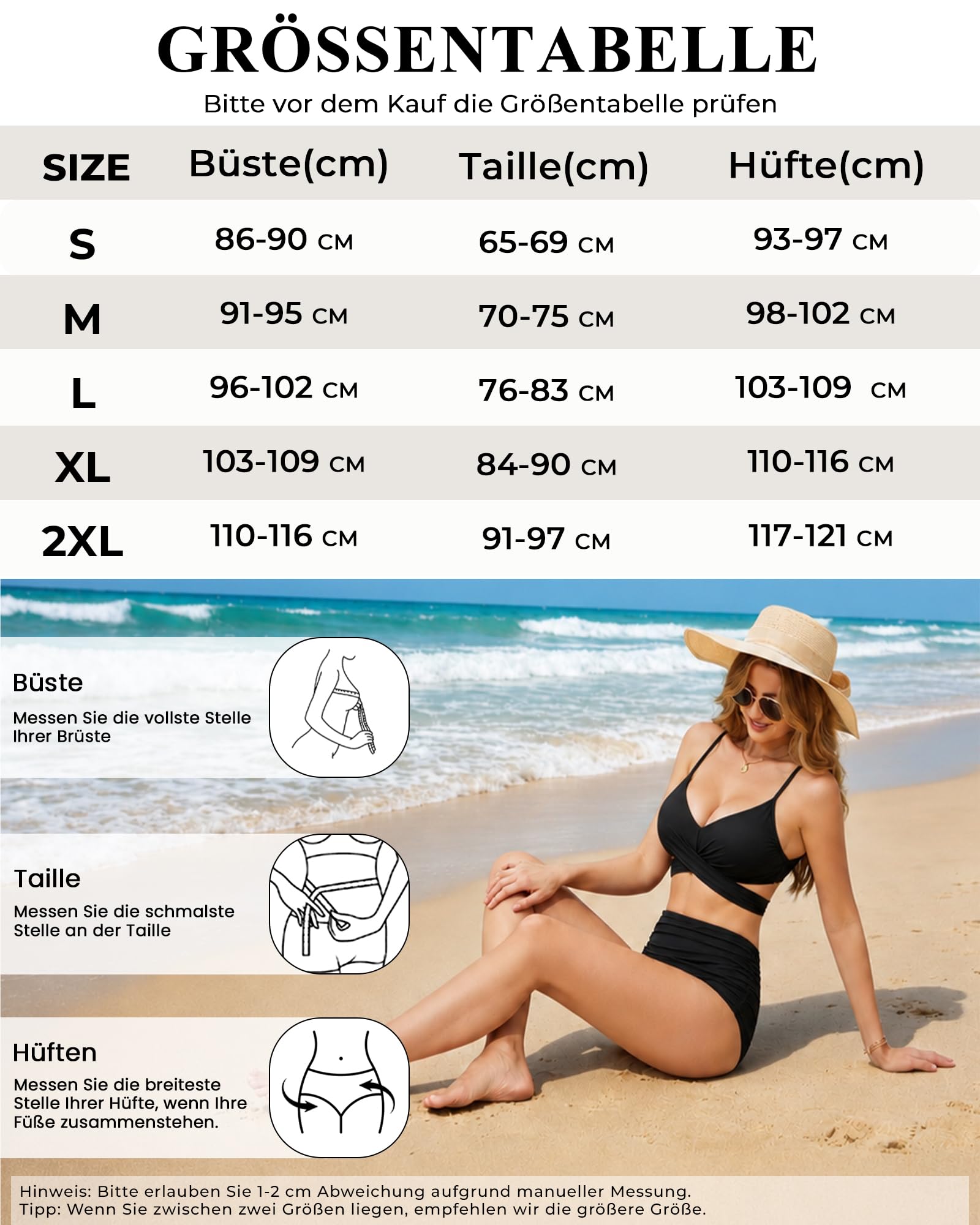 Bikini pour femme - Maillot de bain 2 pièces sexy taille haute push-up - Col en V - Croix réglable - Taille S à XXL
