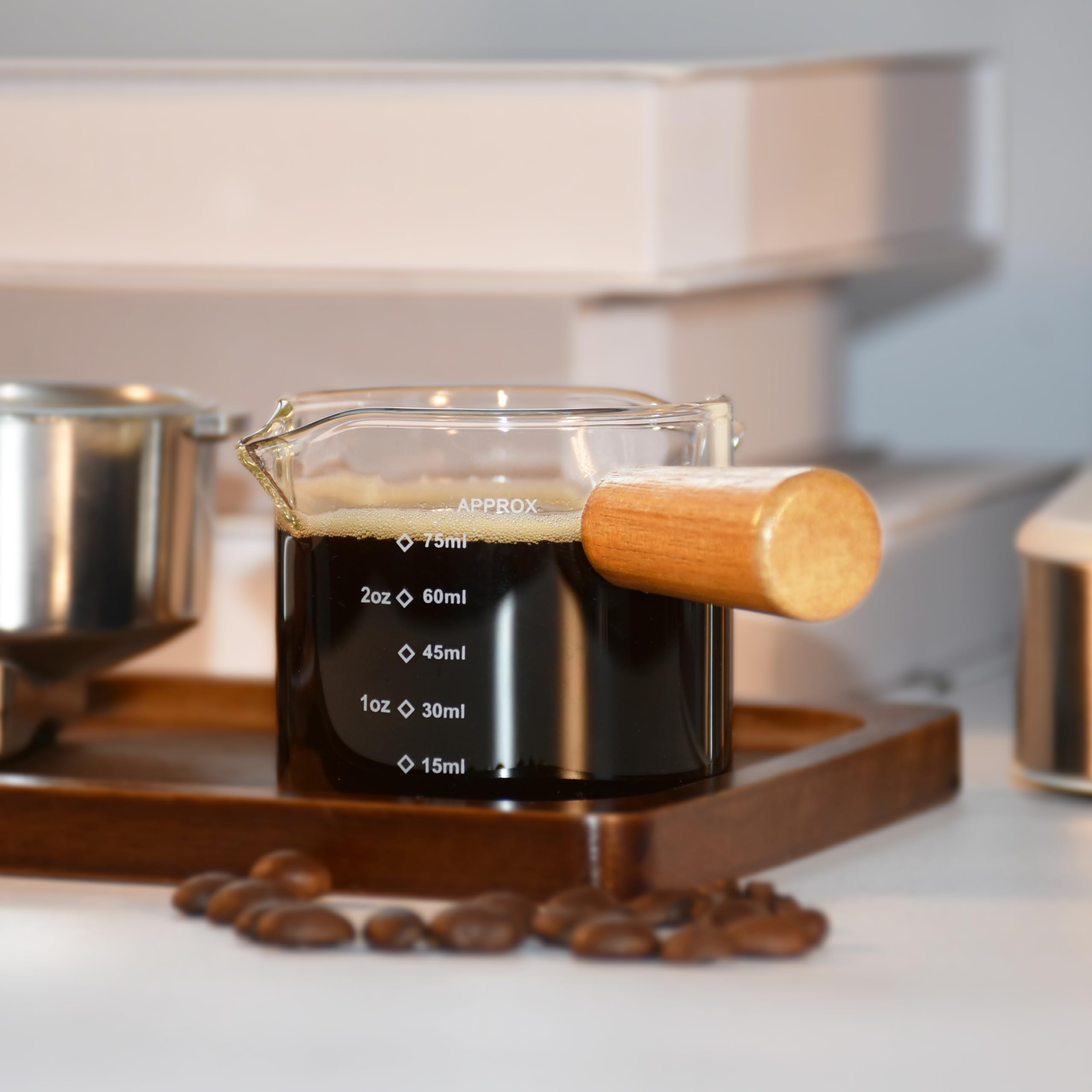Luvkqarro Espresso Measuring Cup 75ml, Espresso Shot Glass with Wood Handle, Double Spouts Milk Frothing Pitcher, Coffee Bar Accessories, Espresso Cups for Latte Art
