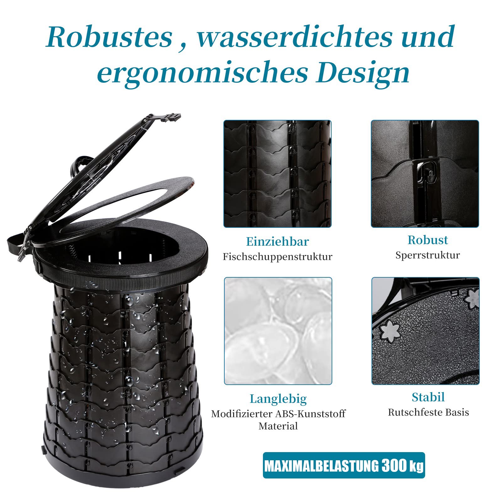 Campingtoilette Faltbar | Trockentoilette Maximalbelastung 300 Kg | Kompakt Mobile Toilet Φ 38 cm | Camping WC Höhe 8 bis 50 cm | Campingklo Blackout Festivals Garten Reisetoilette