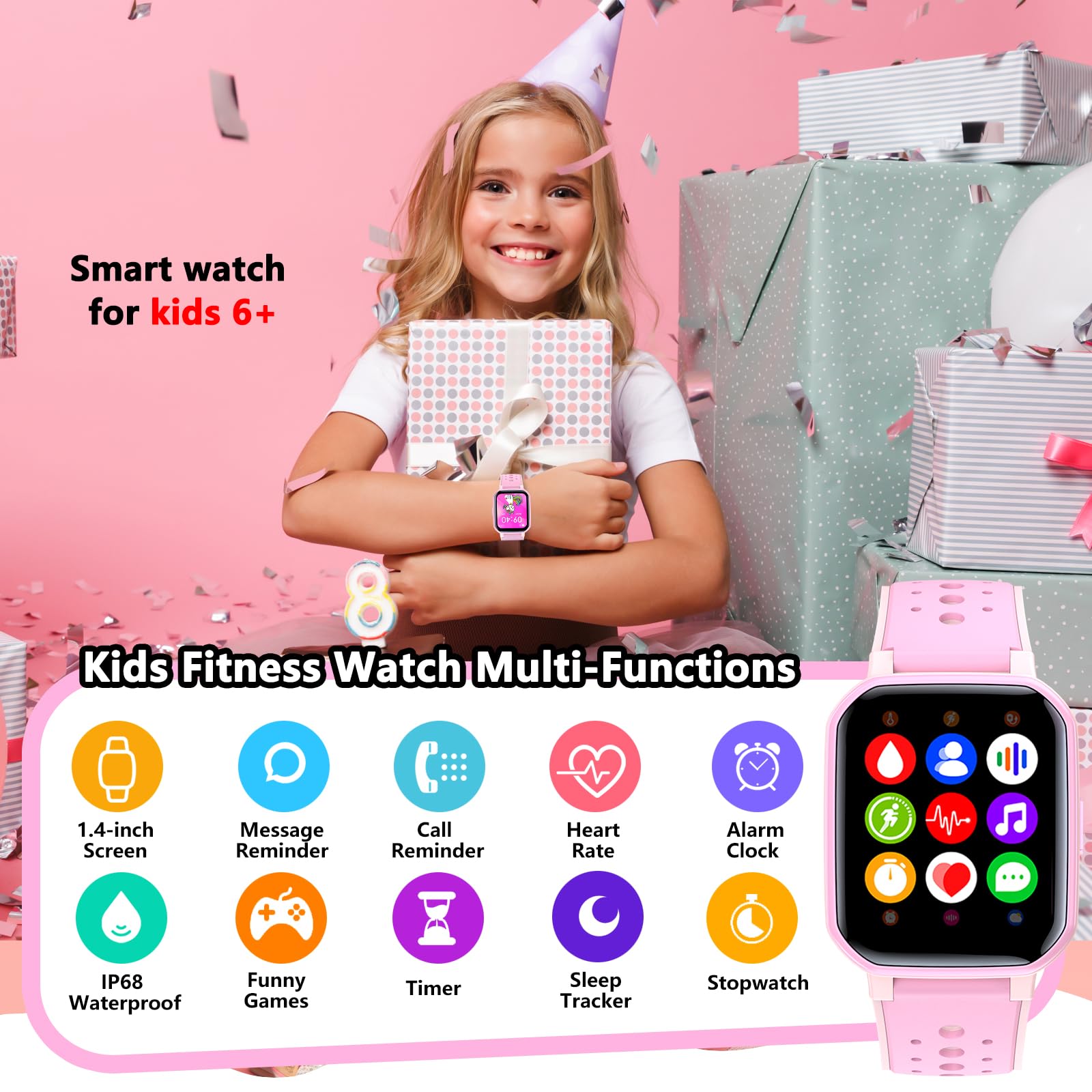 JOYELE Smartwatch Orolorio Bambino Bambina, Orologio Fitness Smart Watch 20 Modalità Sportive, Monitoraggio Sonno/Frequenza Cardiaca, Fitness Tracker per Android iOS (Rosa)
