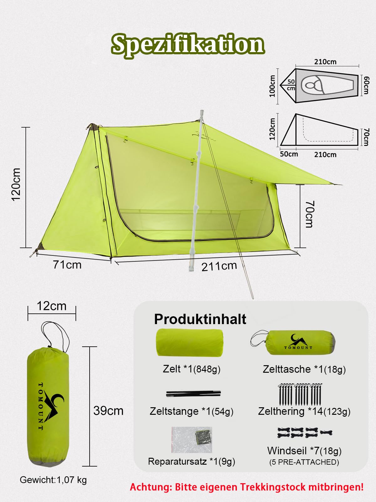 TOMOUNT Ultraleichte Nylon Trekking Shelter EIN-Mann Zelt Kleine Packungsgröße Zeltbahn, 4 Saison Wasserdicht & Winddicht Kompakt Trekkingzelt für Hiking, Wandern, Camping, Outdoor