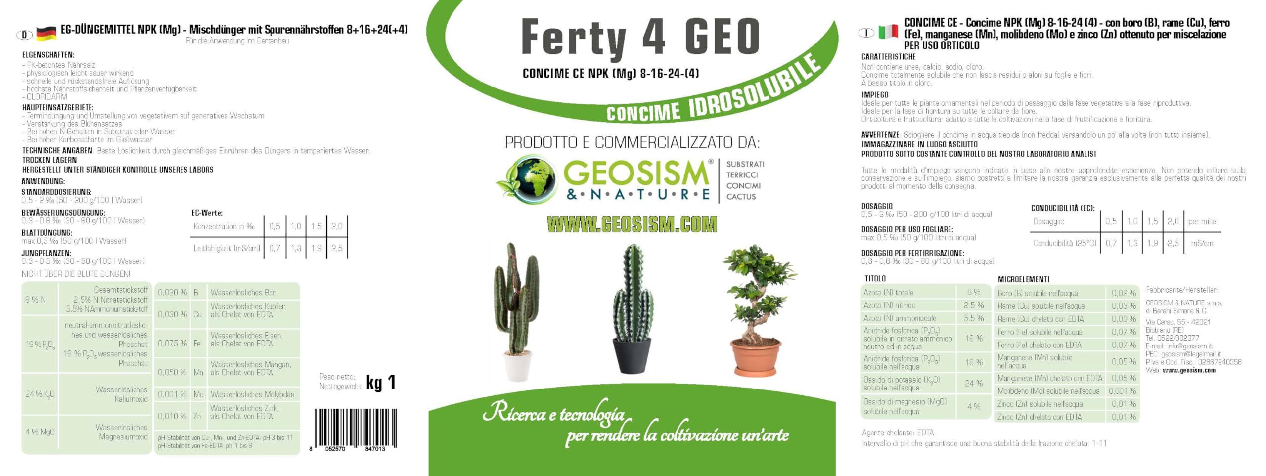 Ferty 4, NPK(Mg) 8-16-24+(4) + microelementi (1 kg), concime in polvere idrosolubile per piante e fiori