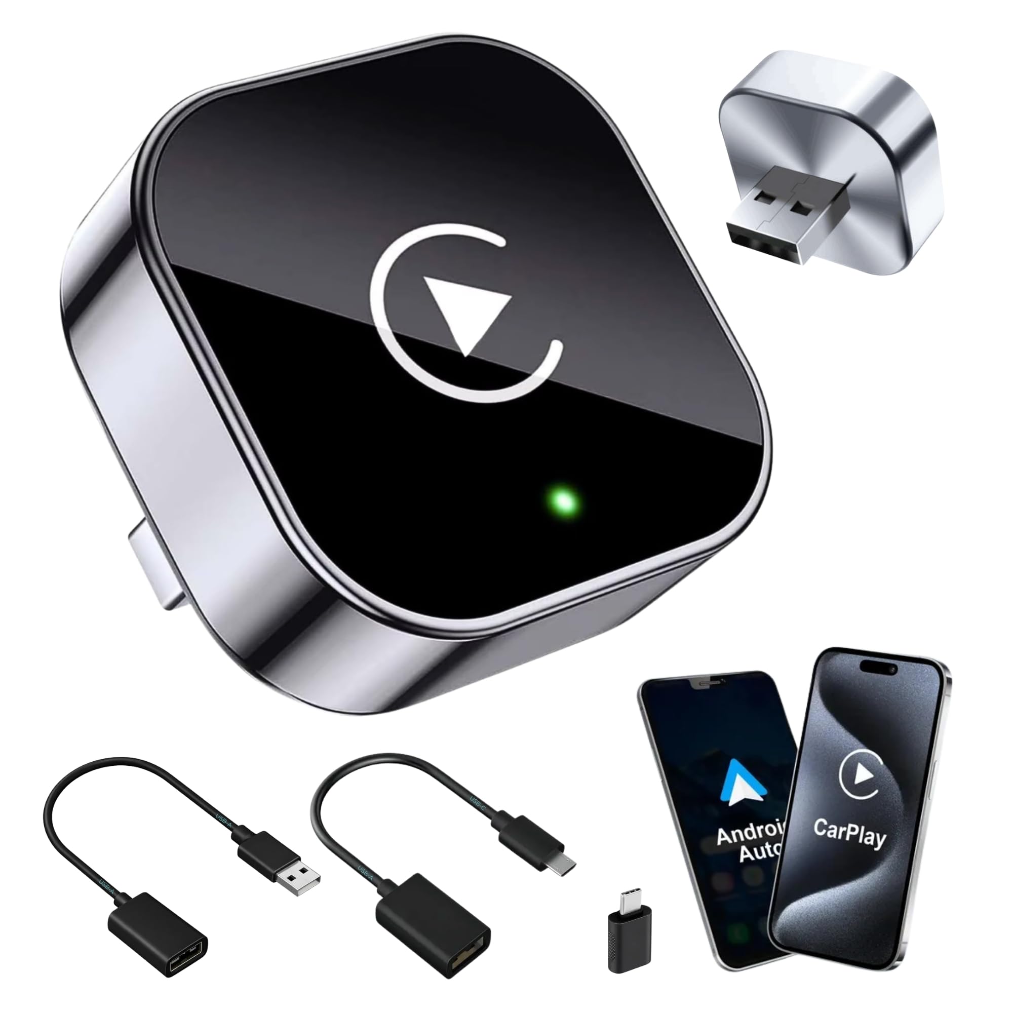 Carplay Wireless Adapter 2-in-1 Mini 2026, Android Auto Wireless Adapter, Plug & Play, schnelle Wiederverbindung ca. 3 s, USB-A/USB-C, 3 Zubehörteile für schwer erreichbare Anschlüsse