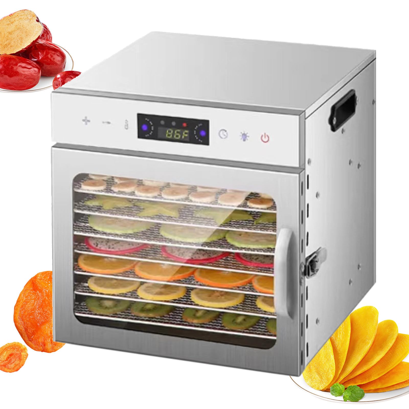 Essiccatore per alimenti per carne secca, frutta, erbe aromatiche, essiccatore in acciaio inox da vassoi, controllo della temperatura, essiccatore per frutta, libro di ricette incluso,8-Trays
