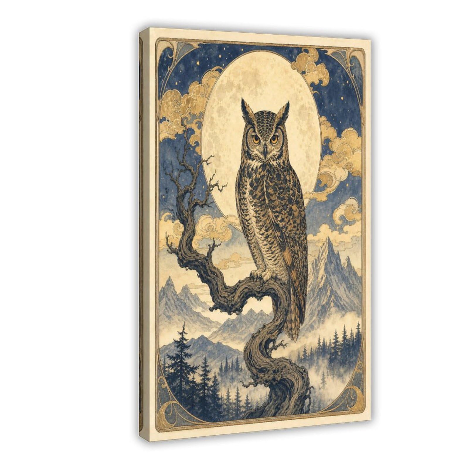 W7c8u2x3 Frame-Style-20 Moon Owl In Forest Canvas Wall Art, Night Bird Dorm Decor