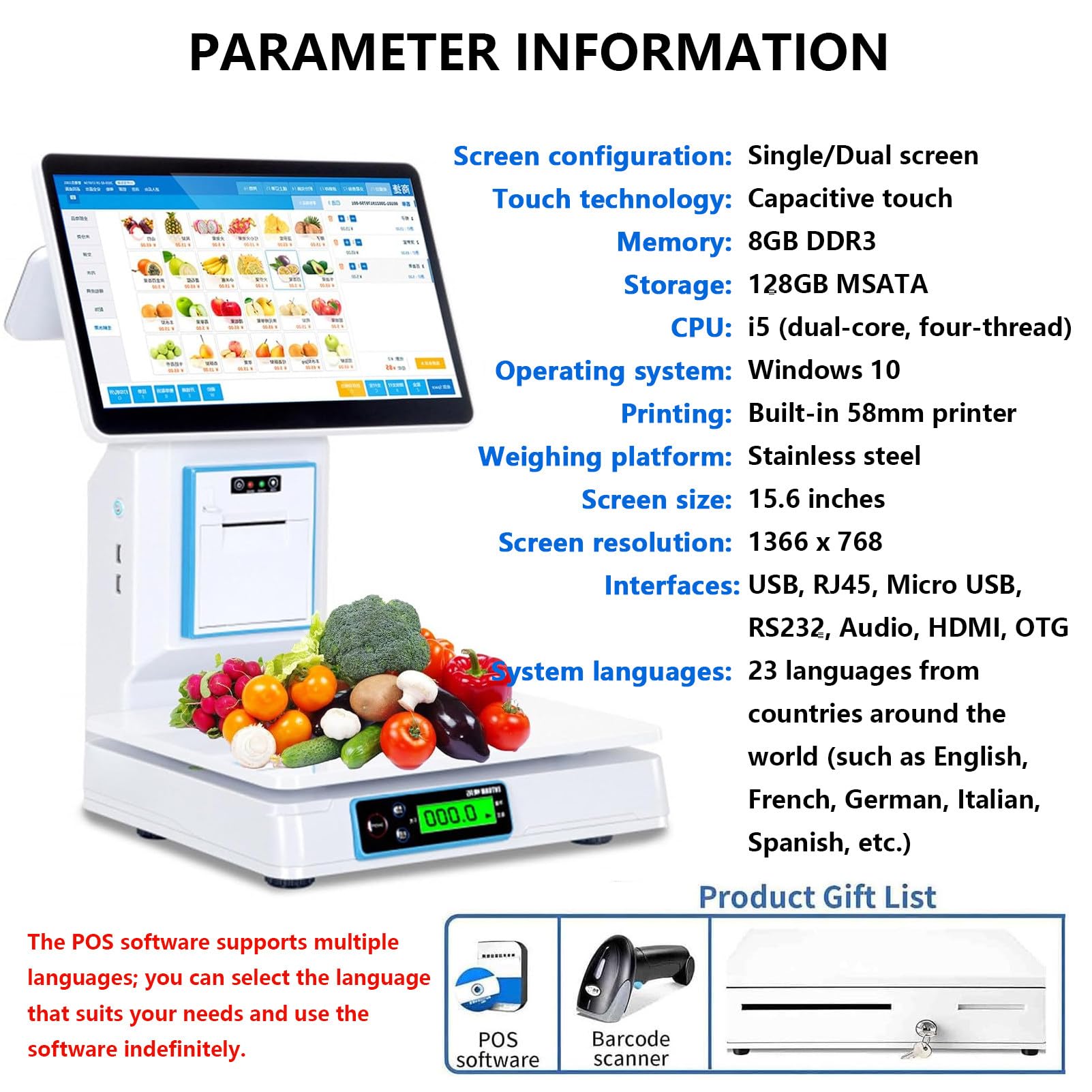 Balance de Vente de Produit,Caisse enregistreuse avec Balance et imprimante DualScreen