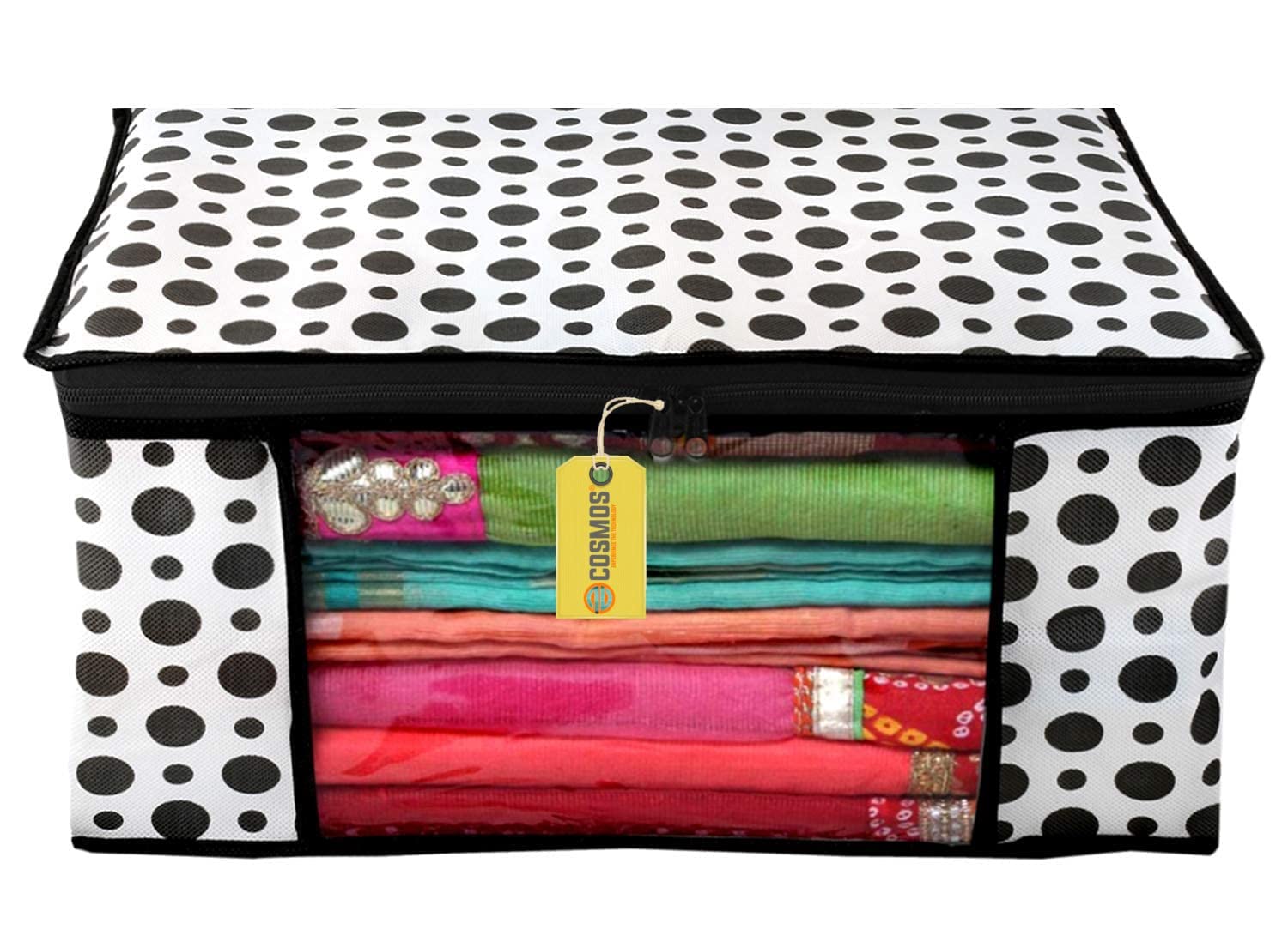 E-COSMOS Dots Design 3 Piece Non Woven Fabric Saree Cover/Clothes Organizer For Wardrobe Set with Transparent Window, Extra Large (Black & White) (Pack Of 12) (B0BC88BGZQ) Amazon Price History, Amazon Price Tracker