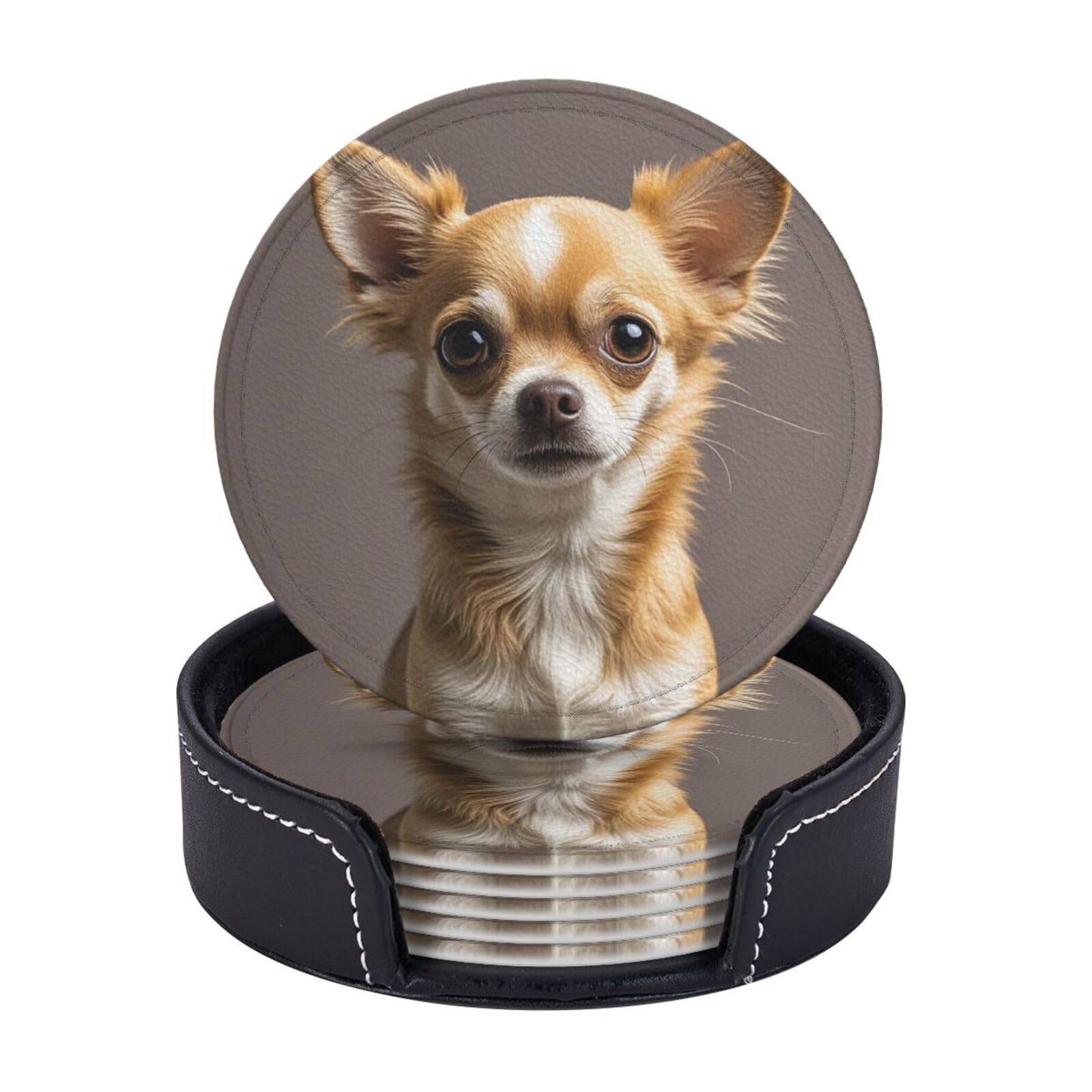 Coasters Set of 6 Leather Drink Coaster with Holder Cute chihuahua Coaster for Drinks Non-Slip Mugs Pads Waterproof Funny Coasters Coffee Cup Mat for Table Kitchen