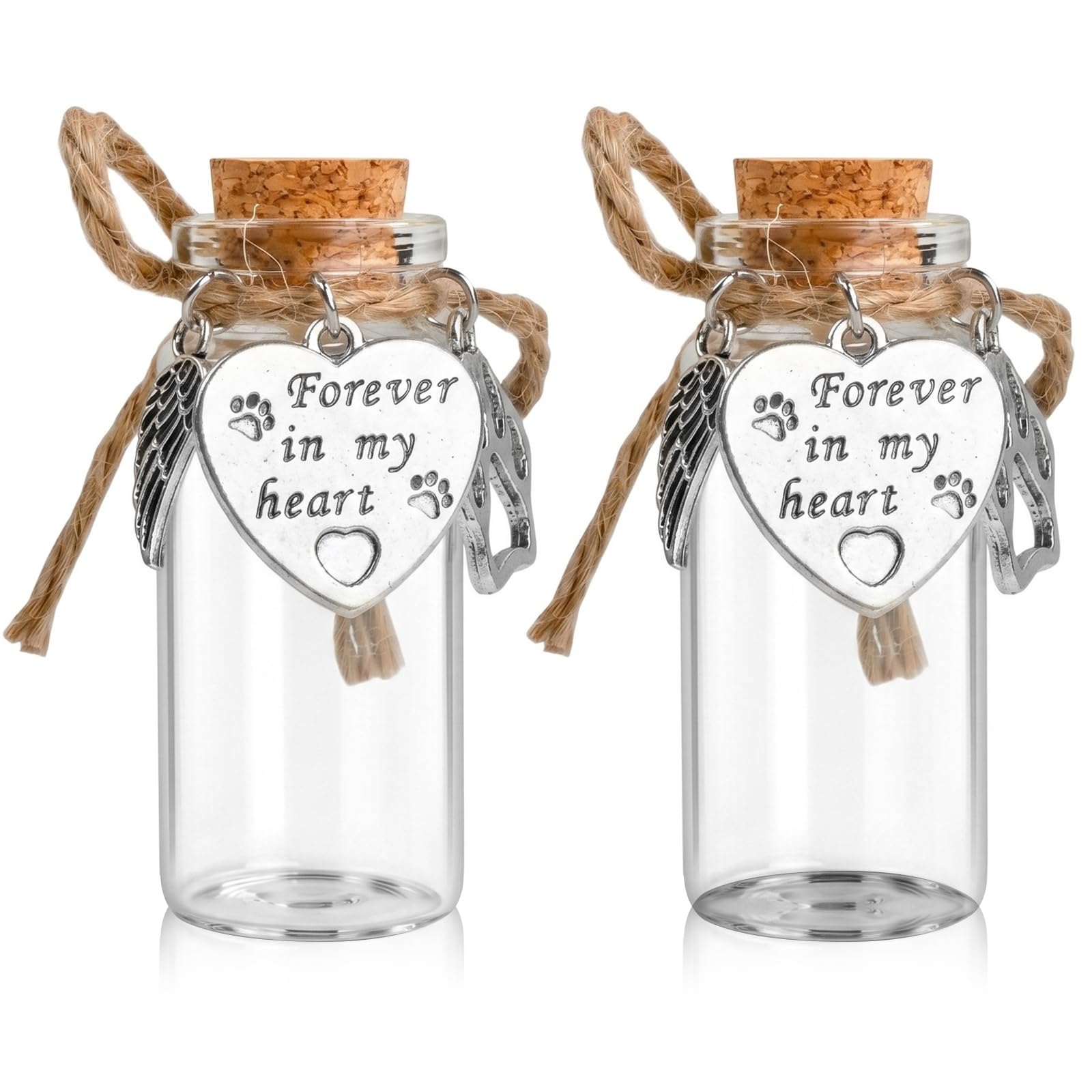 Kemay 2PCS Pet Fur Keepsake Bottle - Dog Cat Memorial Gifts for Loss of Pet - Glass Hair Remembrance Jar with Heart Charm and Cork Stopper - Pet Ashes Hair Keepsake Urn Sympathy Gift