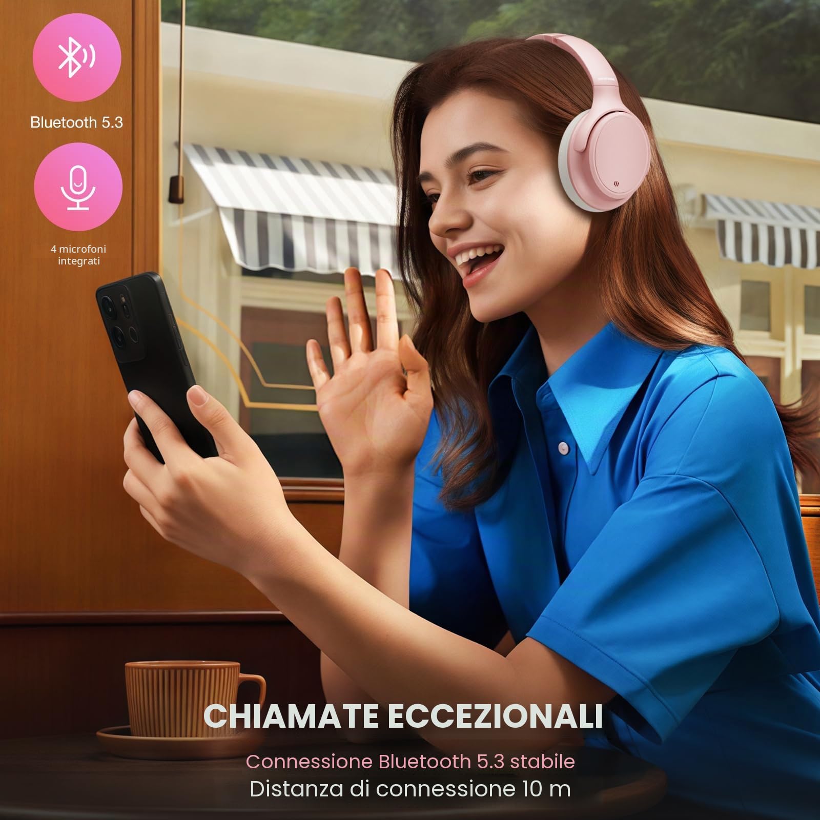 INFURTURE H1 Plus - Cuffie ibride con doppia alimentazione e cancellazione attiva del rumore, con modalità EQ, wireless, con 4 microfoni, 90 ore di autonomia, leggere, per casa, viaggi, ufficio (rosa)