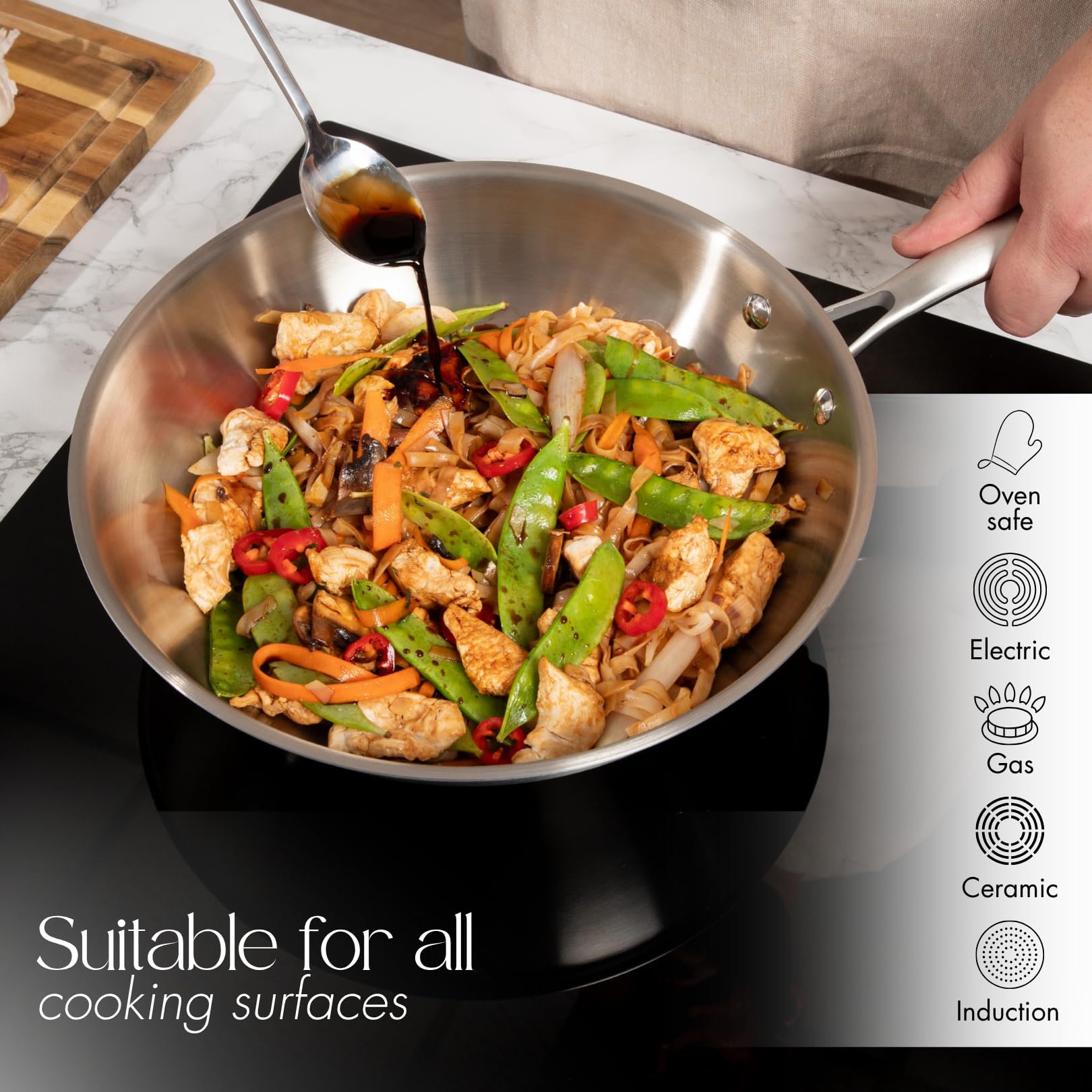 Juego de ollas y sartenes de acero inoxidable – Sartén wok de 28 cm – Utensilios de cocina de inducción – Apto para horno