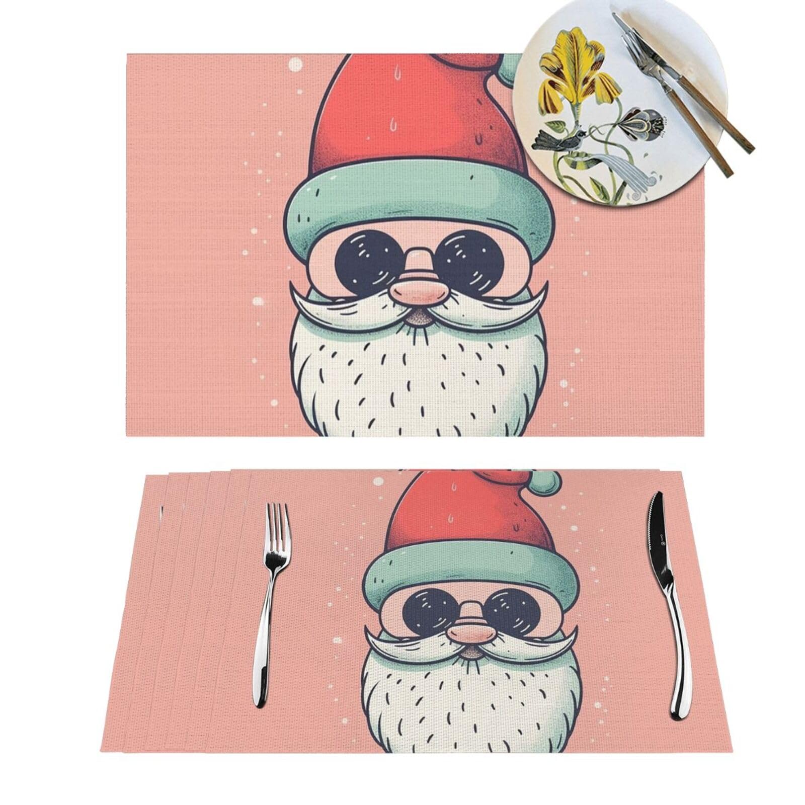 Lot de 6 sets de table tissés Père Noël à lunettes, le cadeau parfait pour les fêtes