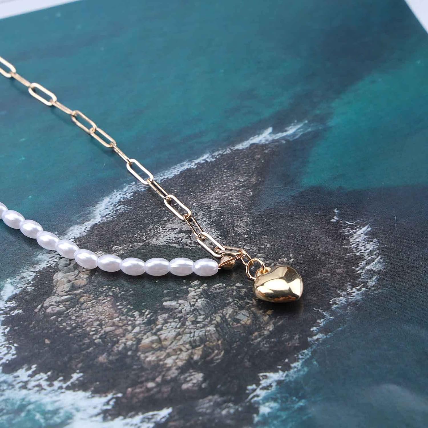 Boho Pearl Chain Necklace Puffed Heart Pendant Necklace Pearl Bead Choker Necklace Gold Paperclip Chain necklace Jewelry for Women and Girls - Image 4