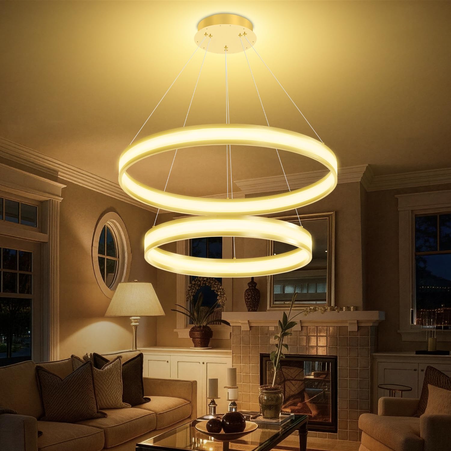 IDEQUY Modern Dimmable Led Ring Chandelier, Adjustable Ring Chandelier for Dining Room Living Room Bedroom Kitchen (Gold 2 Rings, 70W, Φ31.5+23.6")