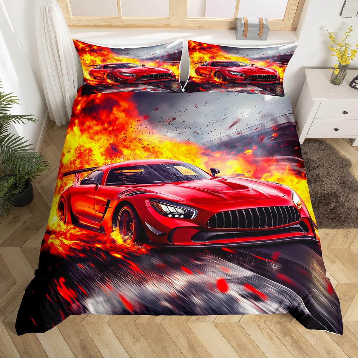 Homemissing Fire Race Car Duvet Cover Set Cot Size For Kids Boys Girls Teens Speed Sports Racing Car Bedding Set Extreme Sports Duvet Cover with 1 Pillowcase