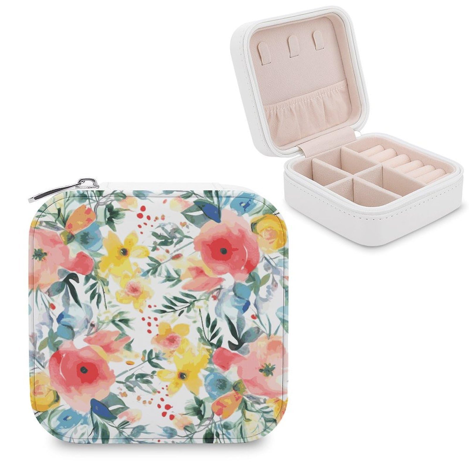 JTREHY Travel Bright Floral Watercolor Jewelry Case Portable Display Storage Box PU Leather Mini Jewelry Travel Case Personalized Travel Jewelry Organizer Small Jewelry Box for Women