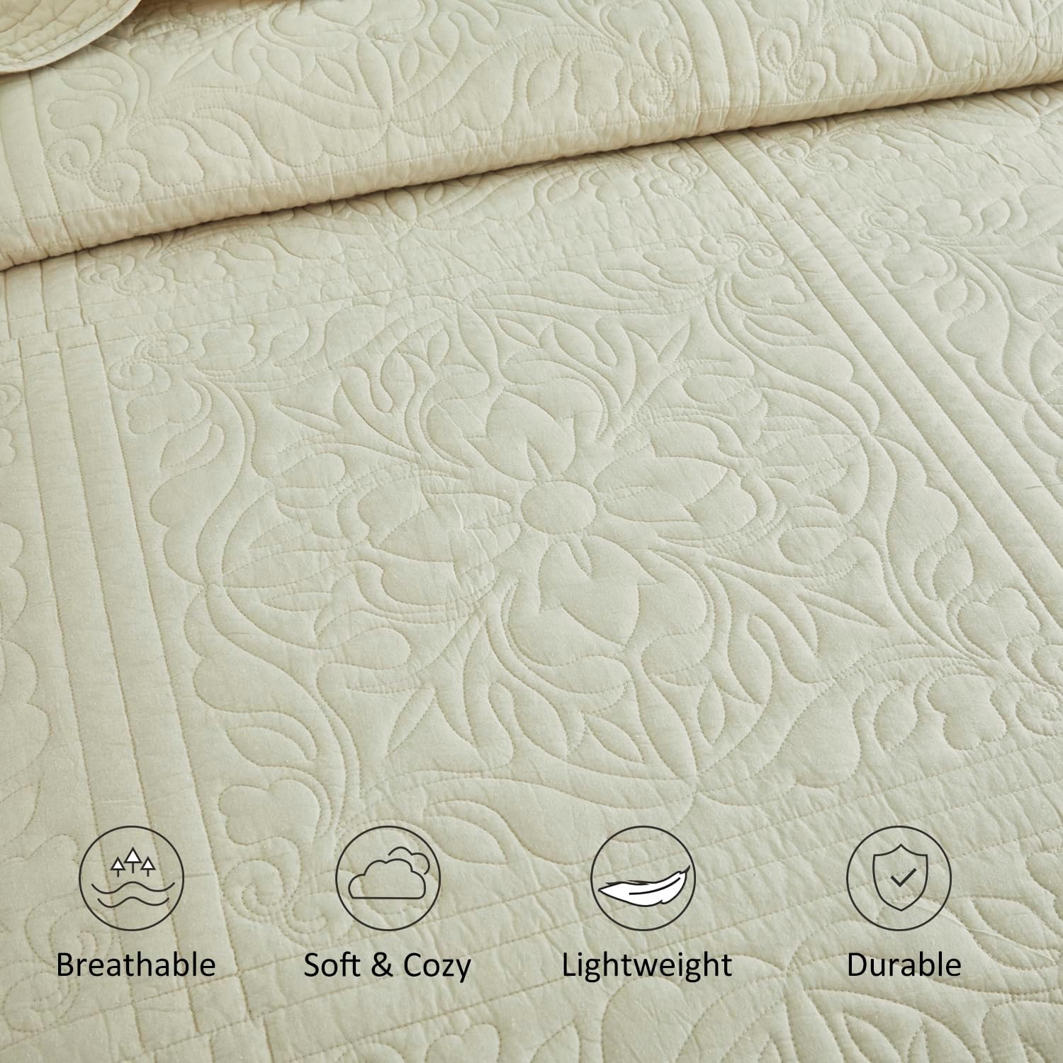 WINLIFE 100% Cotton Quilt Set King Size 106x98 Inch Beige Summer Bedspread Super Soft Lightweight Matelasse Embroidery Floral Coverlets for All Season, 3 Piece (1 Quilt, 2 Pillow Shams)