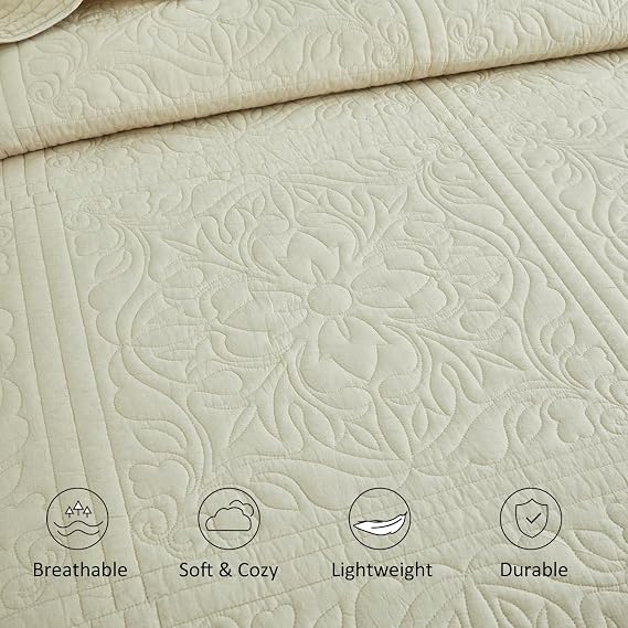 WINLIFE Beige 100% Cotton Quilt Set Queen Size (90''x98'')