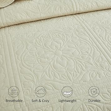 WINLIFE Beige 100% Cotton Quilt Set Queen Size (90''x98'')