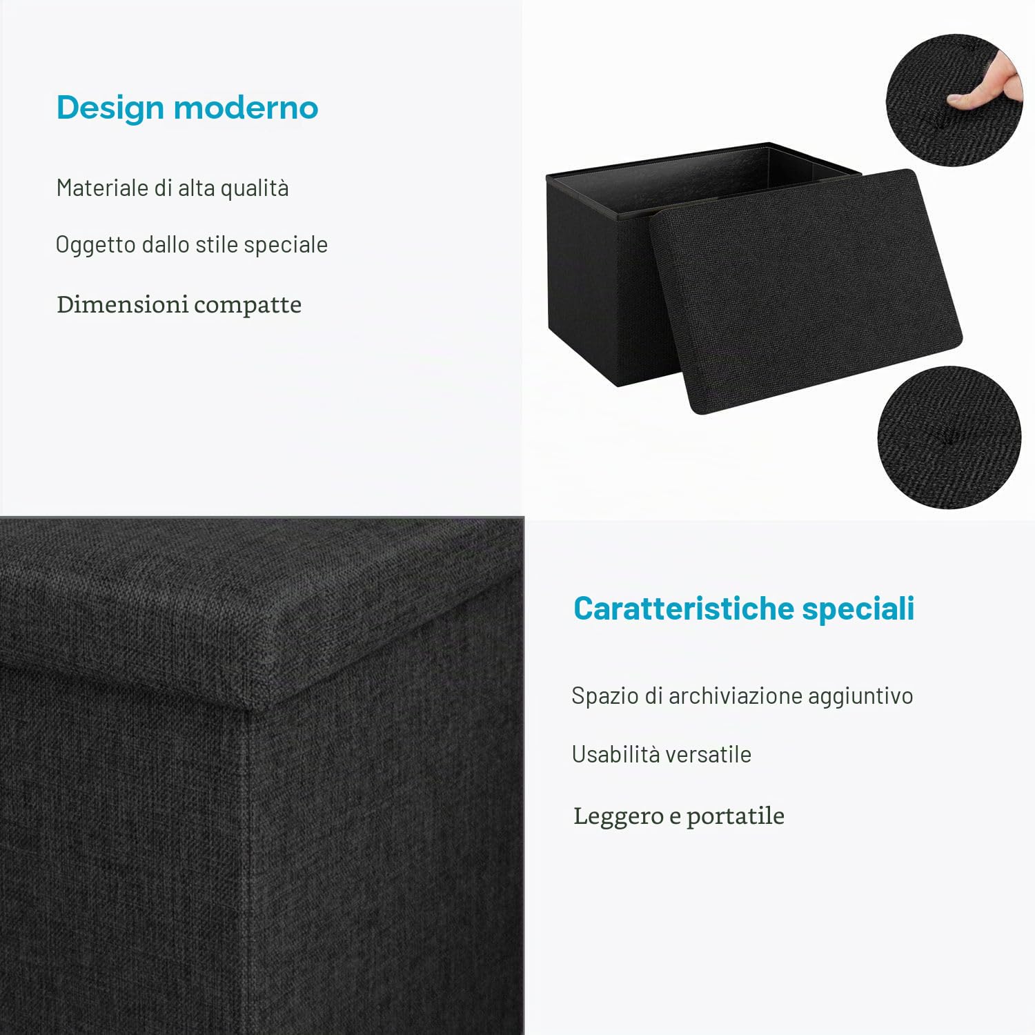INTIRILIFE Pouf Pieghevole 78x38x38 cm in Nero Diamante - Cassapanca Cubo Contenitore Imbottito de Tessuto a l'Ottica Lino con Coperchio - Ottomane Poggapiedi Sgabello Panca Poltrona
