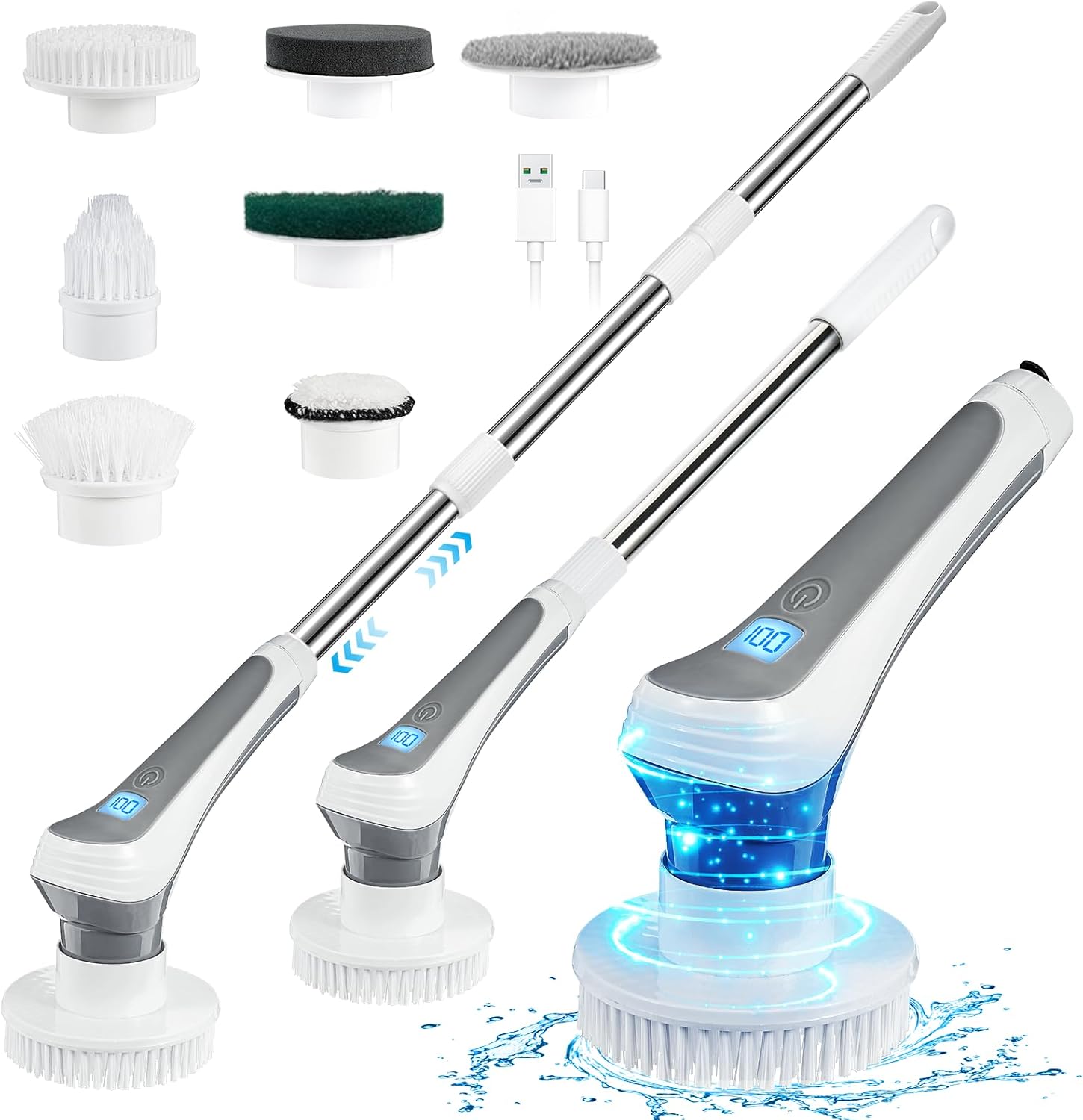 Electric Spin Scrubber, 2023 New Cordless Electric Shower Scrubber with 7 Replaceable Brush Heads & 3 Adjustable Extension Handles, IPX8 Waterproof High Speed Power Cleaning Brush for Bahroom, Kitchen