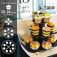 Vista 4 de Soporte para cupcakes de 3 niveles, 2 unidades, torre de exhibición de postres de cartón negro, soporte de pastel de varias capas para bodas