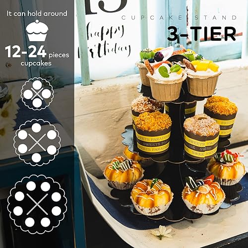Miniatura 4 de Soporte para cupcakes de 3 niveles, torre de exhibición de postres de cartón negro, mango de corazón con borde festoneado, para boda, cumpleaños,