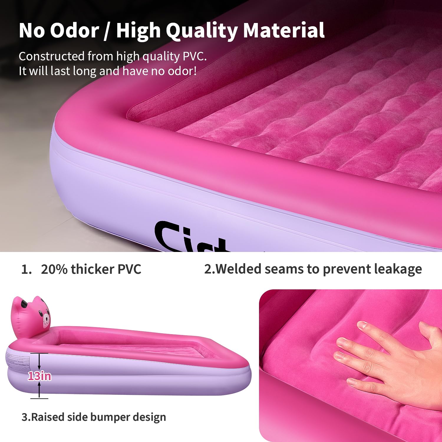 Cirtek Foldable Toddler air Bed Kids Travel Bed Toddler air Mattress Kids air Bed Toddler Travel Bed Inflatable air Bed Blow up air Bed Inflatable Kids air Mattress (Rose Purple)