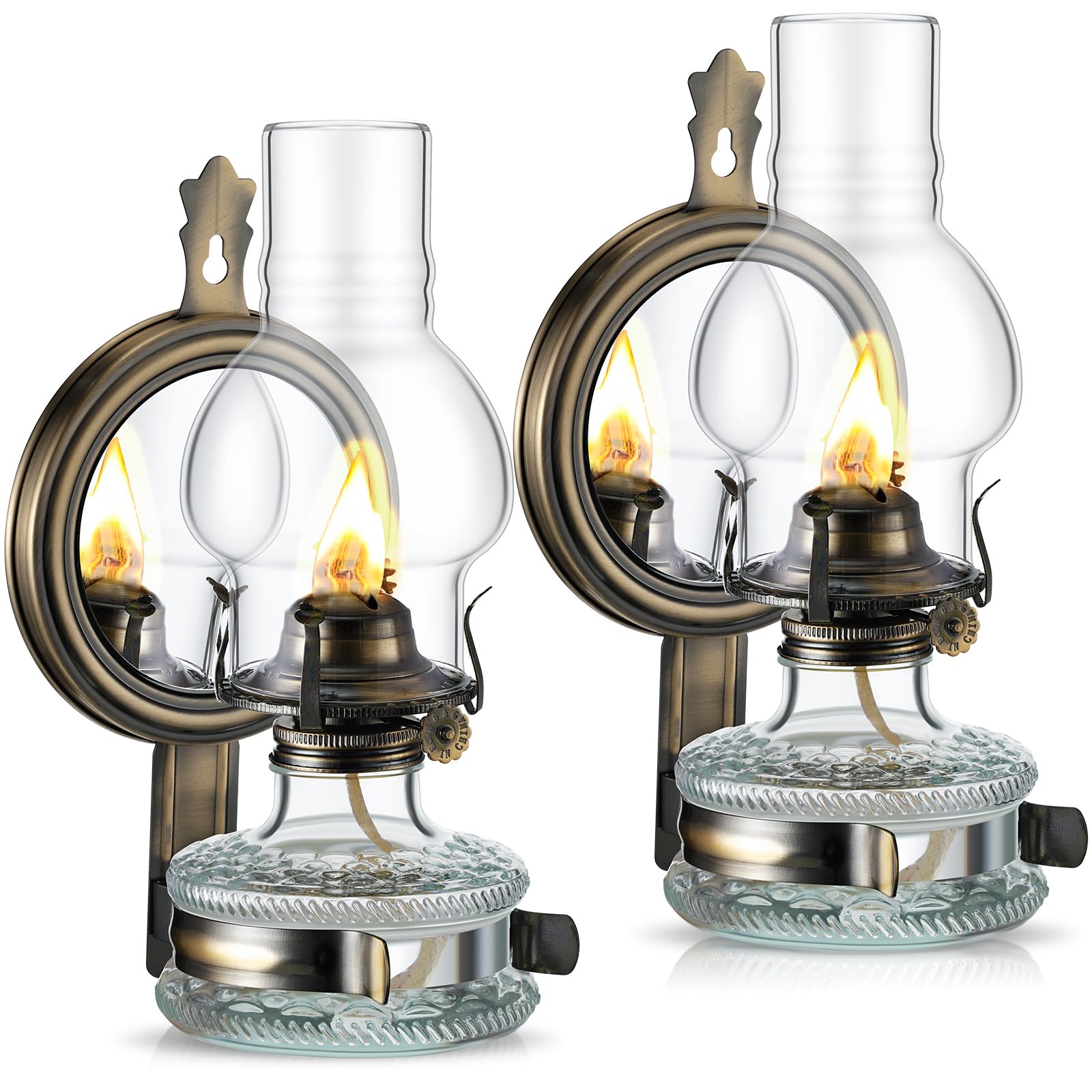 Large Kerosene Lamp Lantern Large Chamber Oil Lamp Wall Mounted Kerosene Lamp Vintage Glass Clear Kerosene Lamp Rustic Oil Lamp with Oil Wick for Indoor Use Home Decor Lighting (Aeneous,2 Pcs)