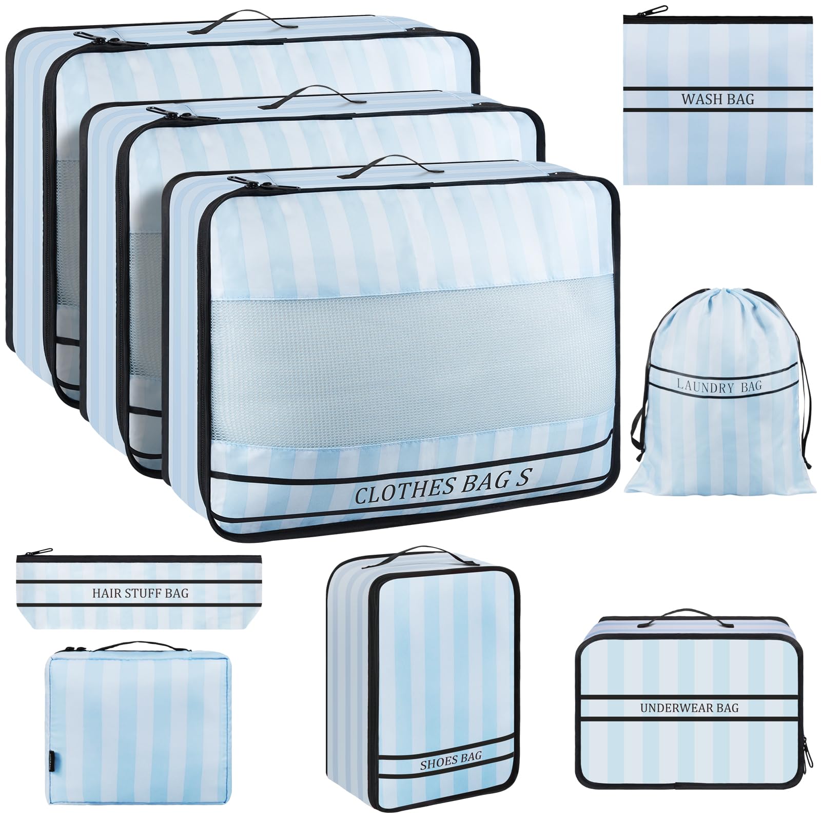 9 Set Packing Cubes Luggage Packing Organizers for Travel Accessories Space Saving Travel Bags for Carry On, Lightweight Mesh Zipper, Clothes, Shoes, Laundry and Shoe Bag (Blue Streak)