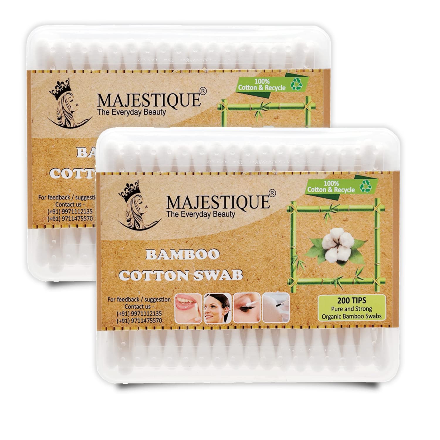 Majestique Bamboo Cotton Swabs, Eco Friendly Cotton Swabs Organic Cotton Swabs, Natural Wooden Cotton Swabs Ear Cleaning Buds, Recyclable Biodegradable Cotton - 100 Swab - Pack of 2-image-36