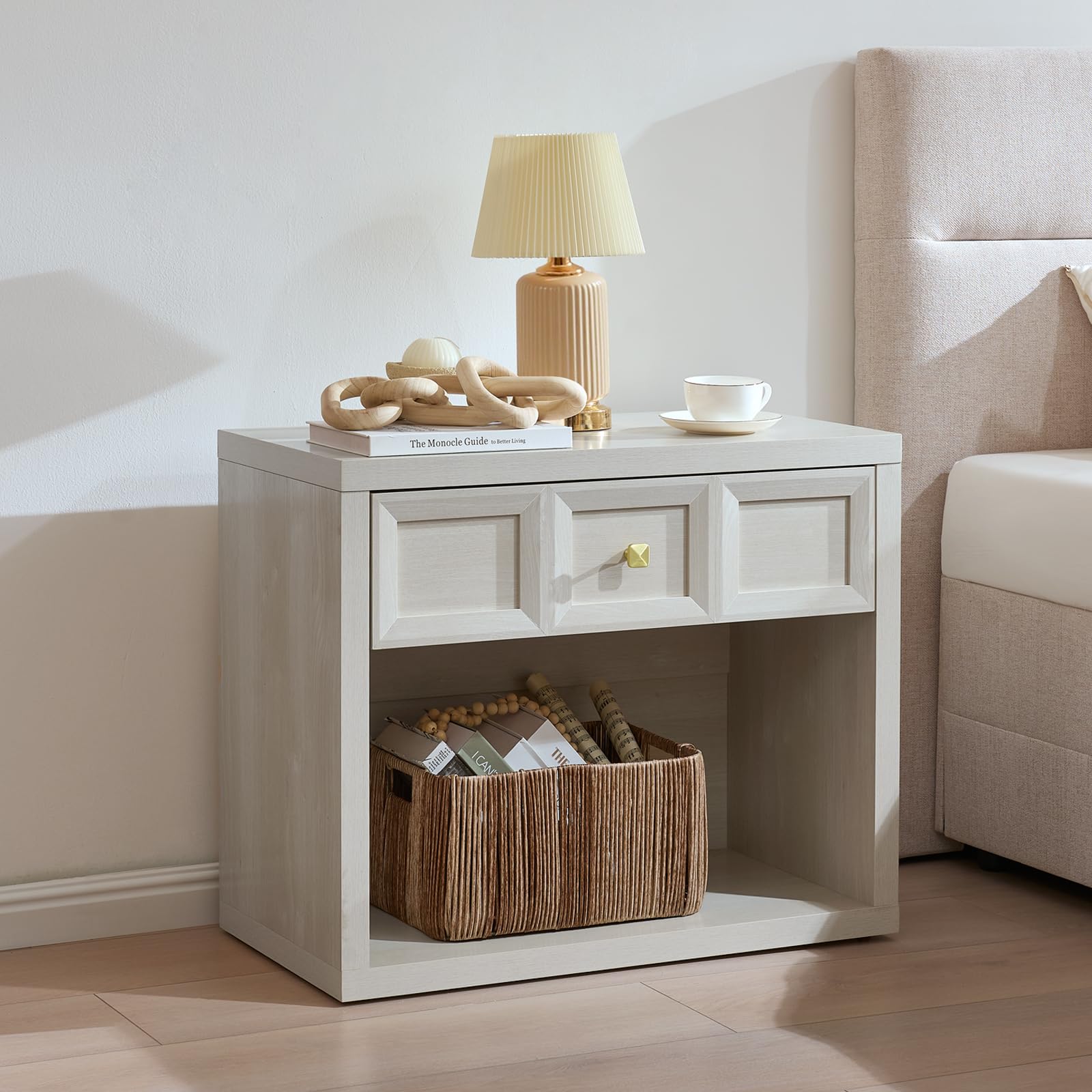 Nightstand Set of 2 W/Charging Station, 30.7" W King Size Bedside with Drawer &Open Shelf, Accent End Table W/Large Storage, Modern Wood Side Table for Bedroom,Office, Beige Beige 1 Drawer