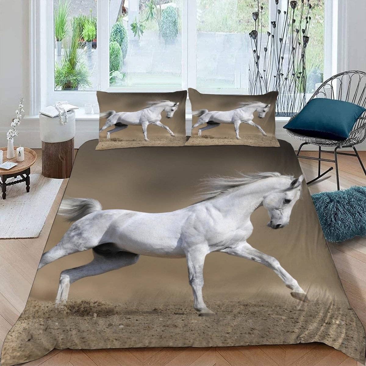 RFFLUX 3D Horse Double Bedding Duvet Cover Set 3 Pieces 200x200 Ultra Soft Microfiber Gallop Horse Comforter Cover with Zipper Easy Care Quilt Cover with 2 Pillowcase for Room Decor — image 1