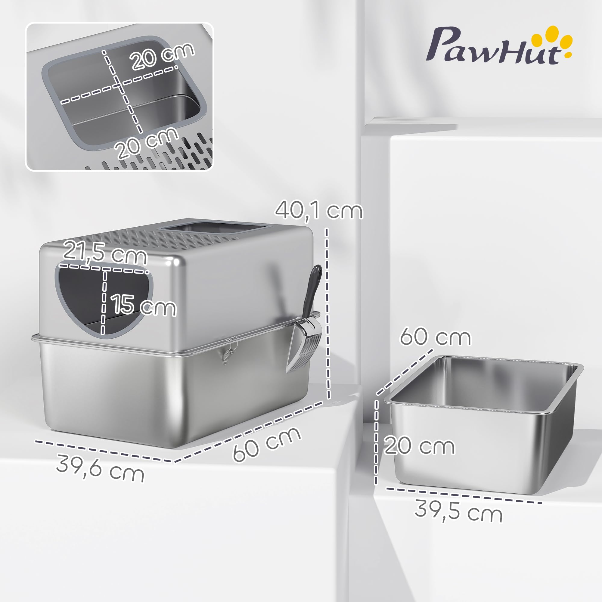 PawHut Arenero para Gatos de Acero Inoxidable XL Arenero con Pala Plata | Caja de Arena para Gatos, Aberturas Dobles, Fácil de Limpiar
